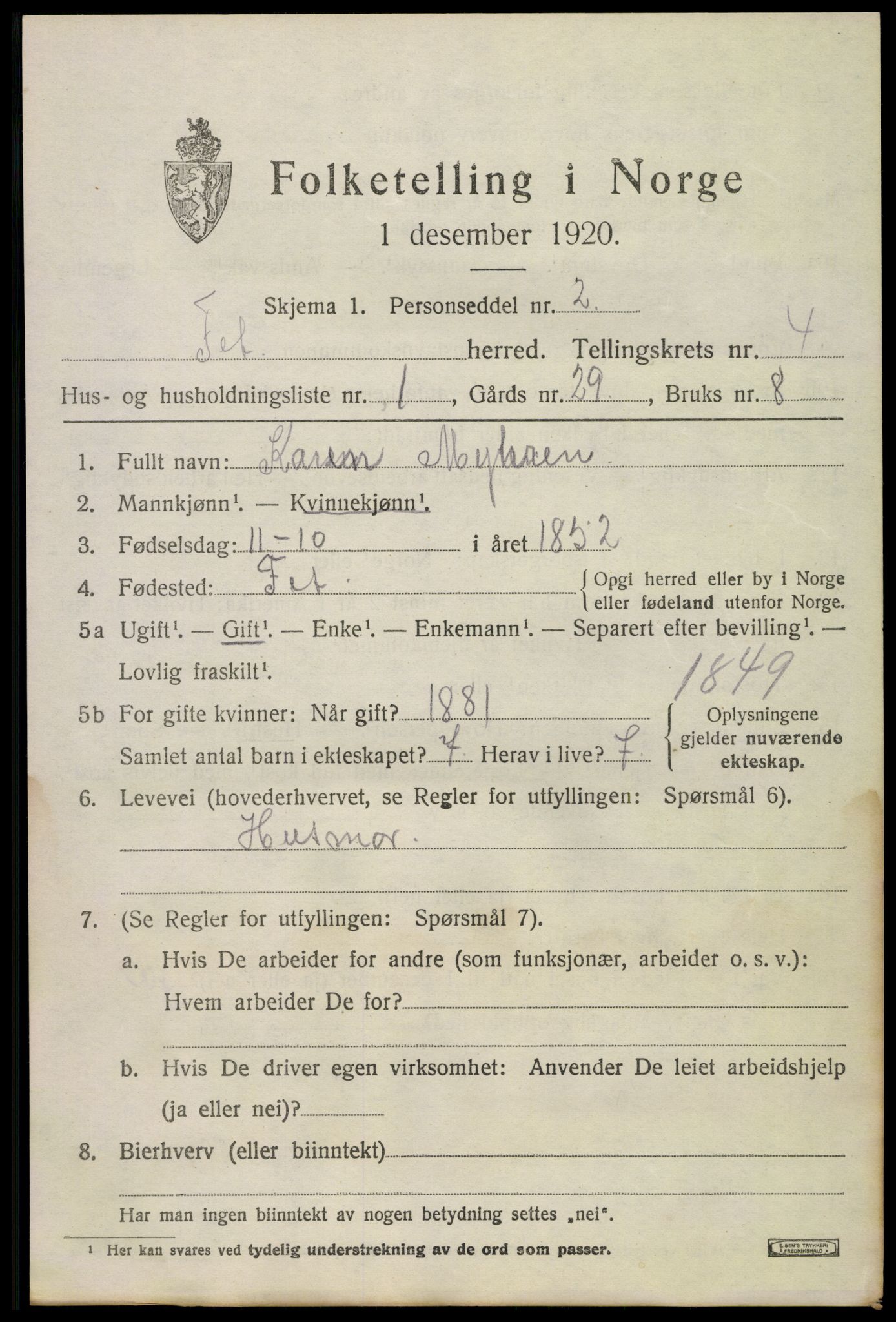 SAO, 1920 census for Fet, 1920, p. 4882