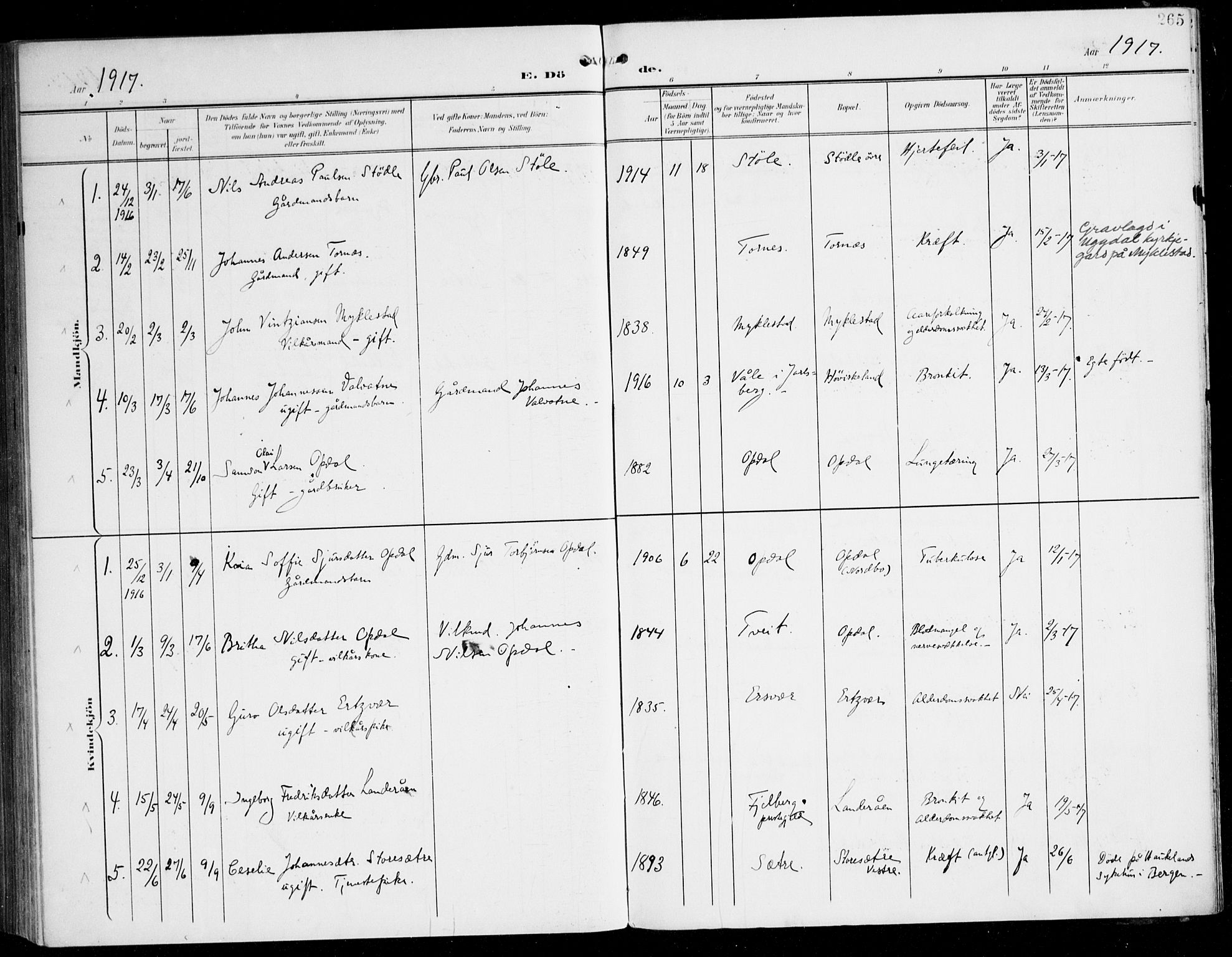 Tysnes sokneprestembete, AV/SAB-A-78601/H/Haa: Parish register (official) no. D 2, 1905-1922, p. 265