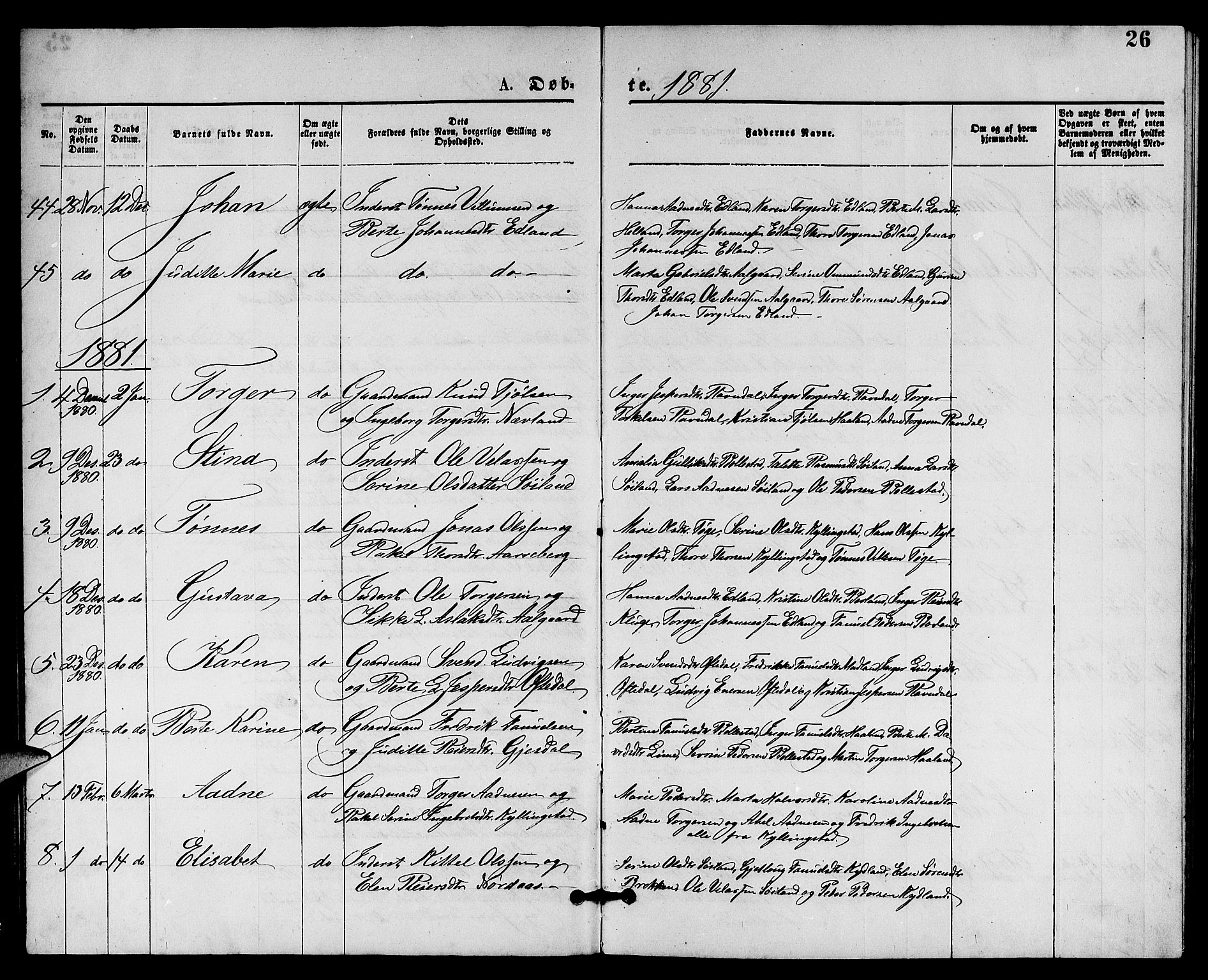 Lye sokneprestkontor, AV/SAST-A-101794/001/30BB/L0005: Parish register (copy) no. B 5, 1875-1886, p. 26