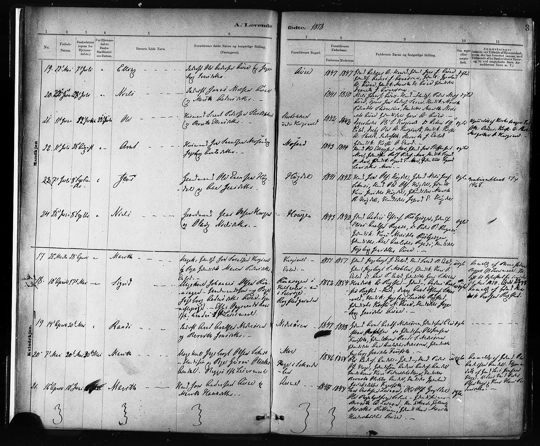 Ministerialprotokoller, klokkerbøker og fødselsregistre - Sør-Trøndelag, SAT/A-1456/687/L1002: Parish register (official) no. 687A08, 1878-1890, p. 3