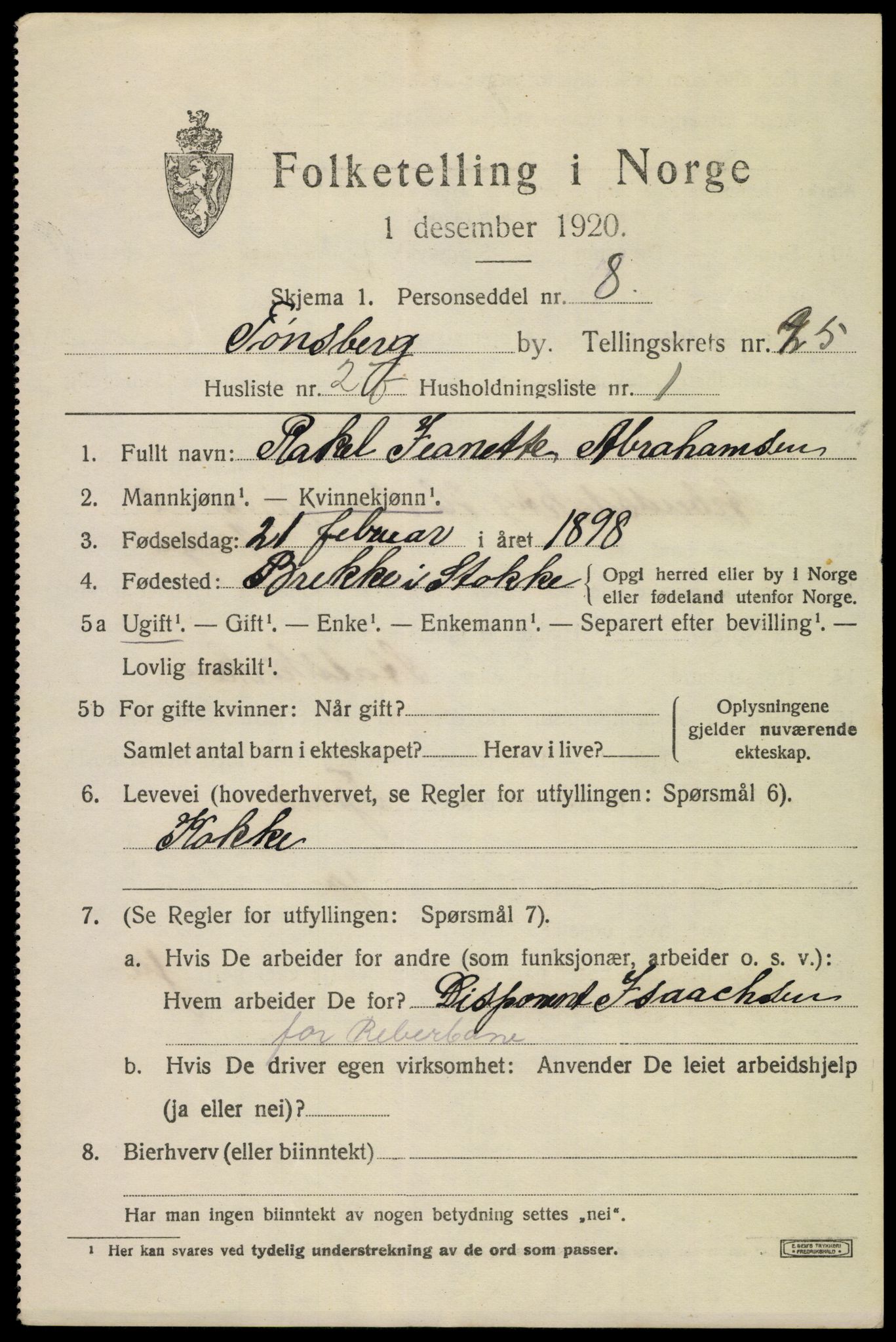 SAKO, 1920 census for Tønsberg, 1920, p. 34987