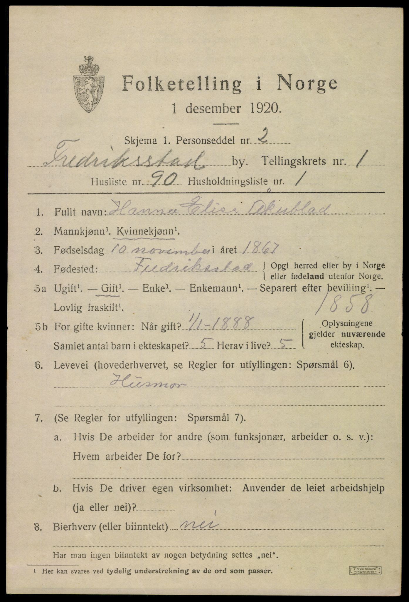 SAO, 1920 census for Fredrikstad, 1920, p. 13543