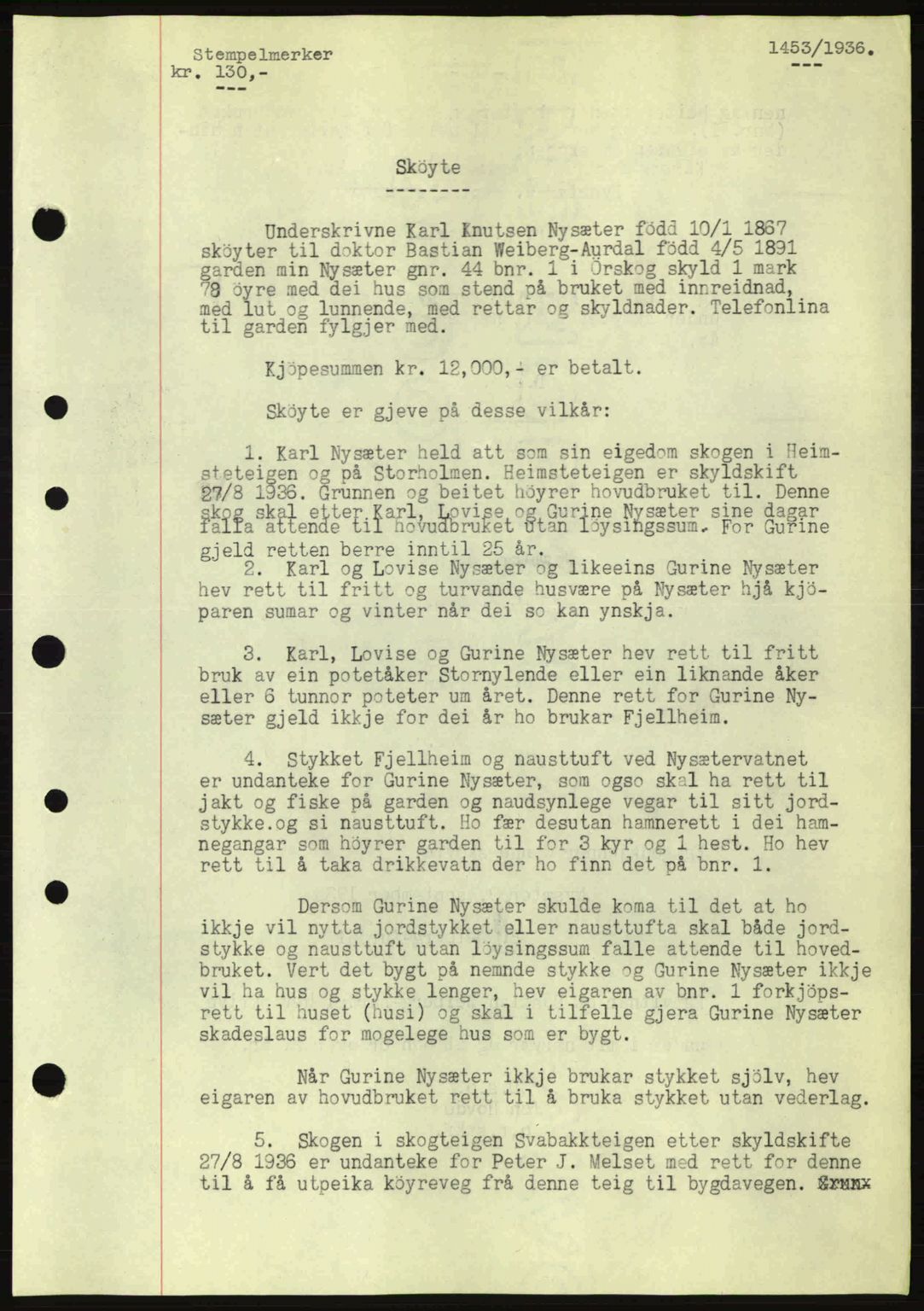 Nordre Sunnmøre sorenskriveri, AV/SAT-A-0006/1/2/2C/2Ca: Mortgage book no. A2, 1936-1937, Diary no: : 1453/1936