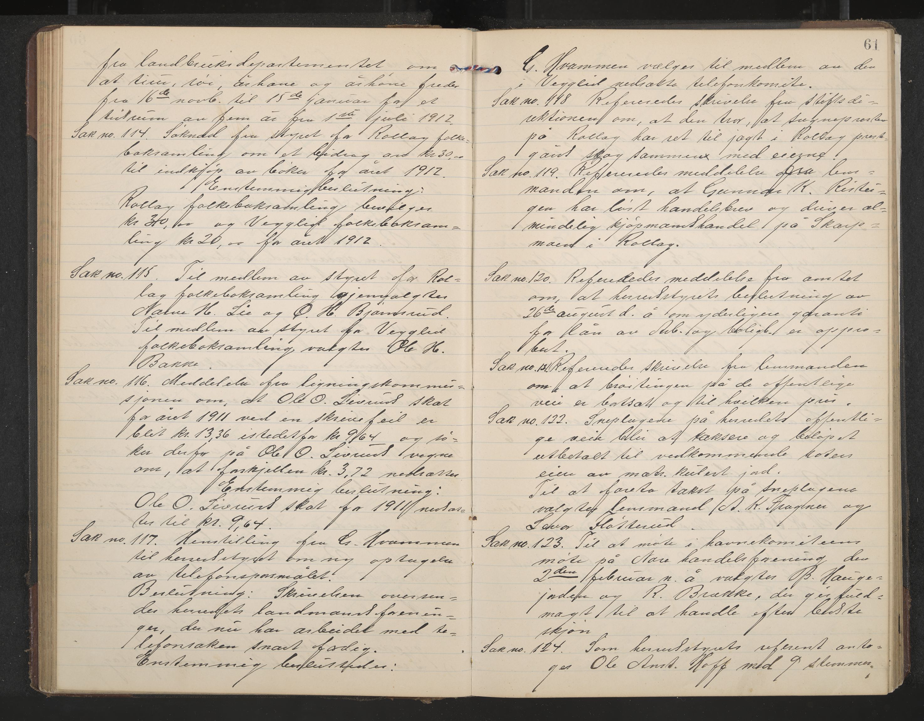 Rollag formannskap og sentraladministrasjon, IKAK/0632021-2/A/Aa/L0005: Møtebok, 1909-1915, p. 61