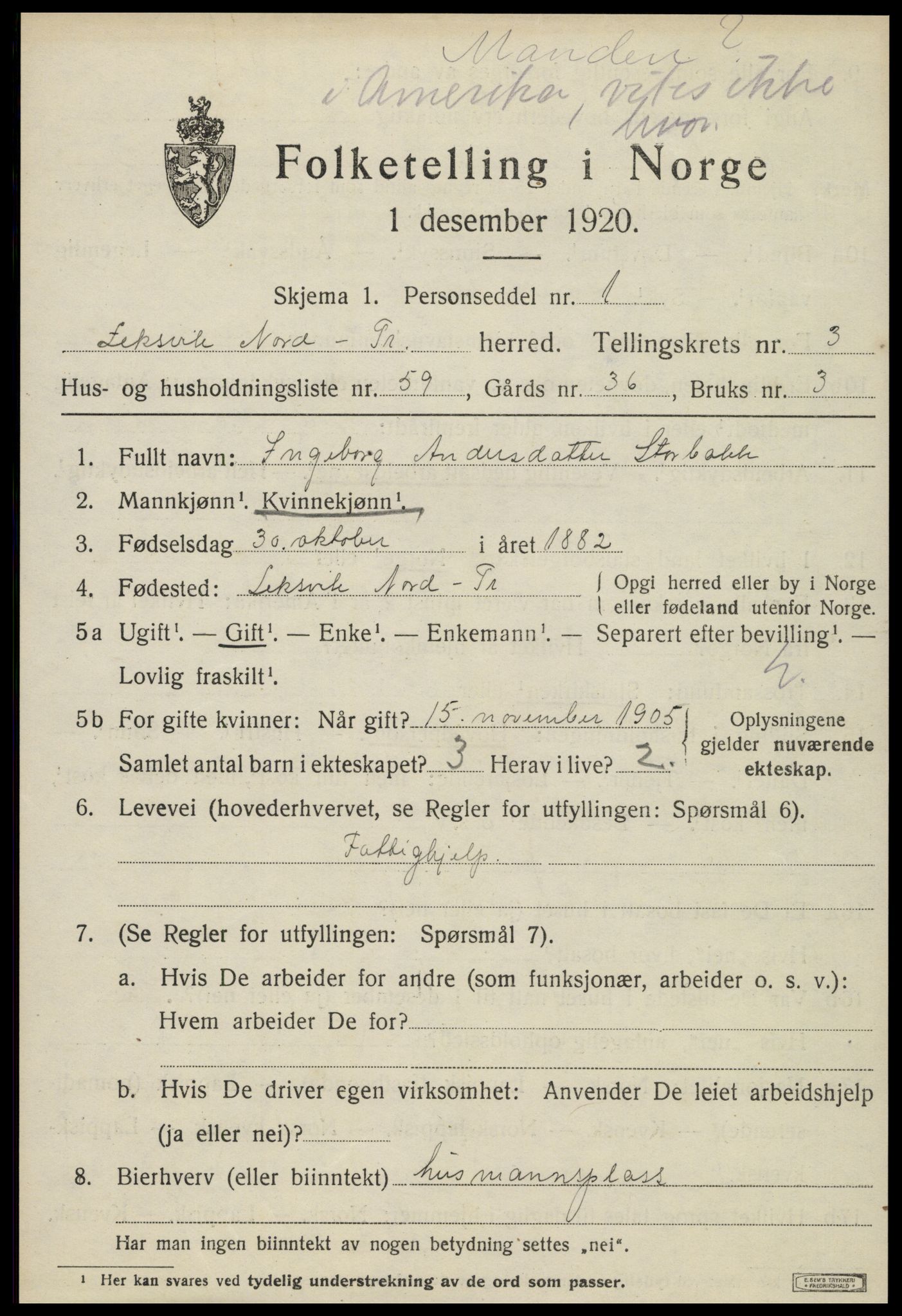 SAT, 1920 census for Leksvik, 1920, p. 3480