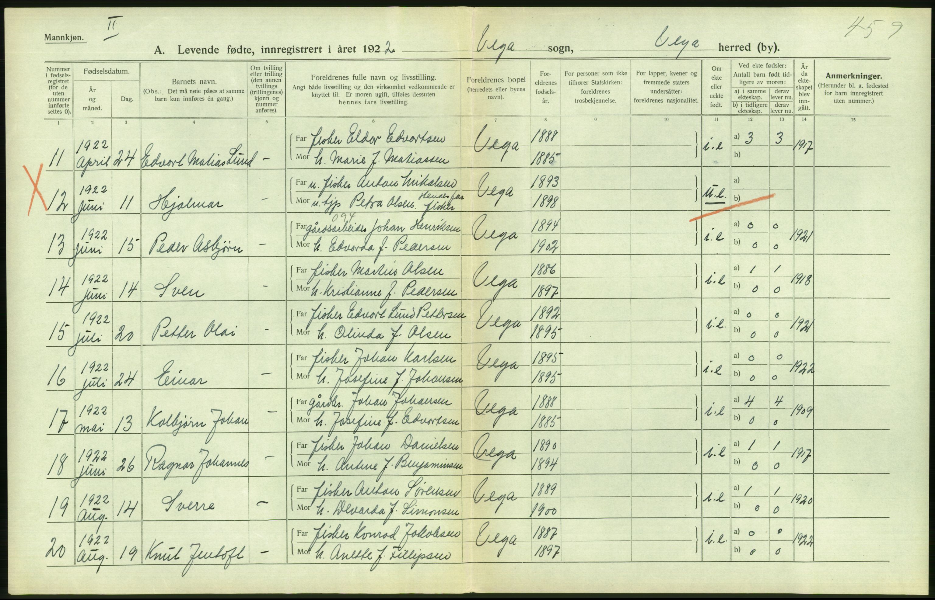 Statistisk sentralbyrå, Sosiodemografiske emner, Befolkning, AV/RA-S-2228/D/Df/Dfc/Dfcb/L0044: Nordland fylke: Levendefødte menn og kvinner. Bygder og byer., 1922, p. 542