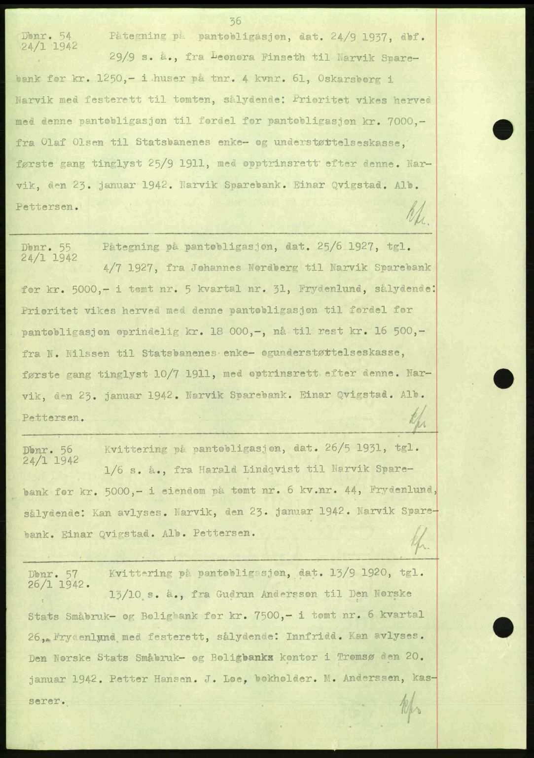 Narvik sorenskriveri, AV/SAT-A-0002/1/2/2C/2Ca: Mortgage book no. A18, 1941-1951, Diary no: : 54/1942