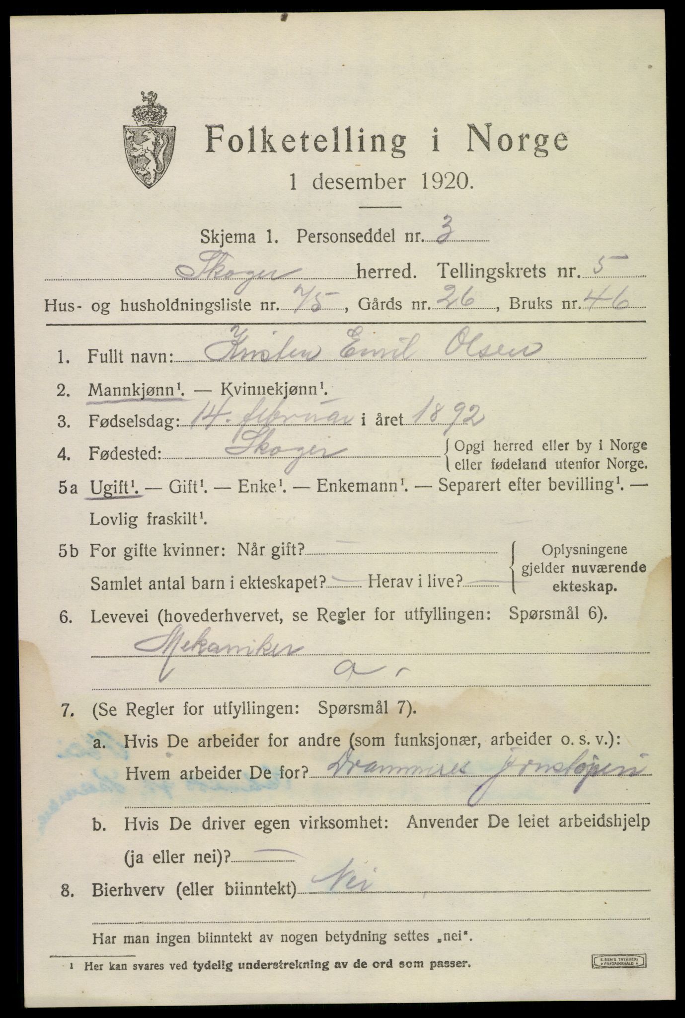 SAKO, 1920 census for Skoger, 1920, p. 11901