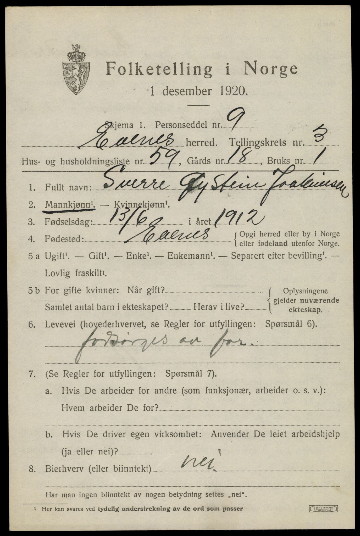 SAT, 1920 census for Evenes, 1920, p. 3588