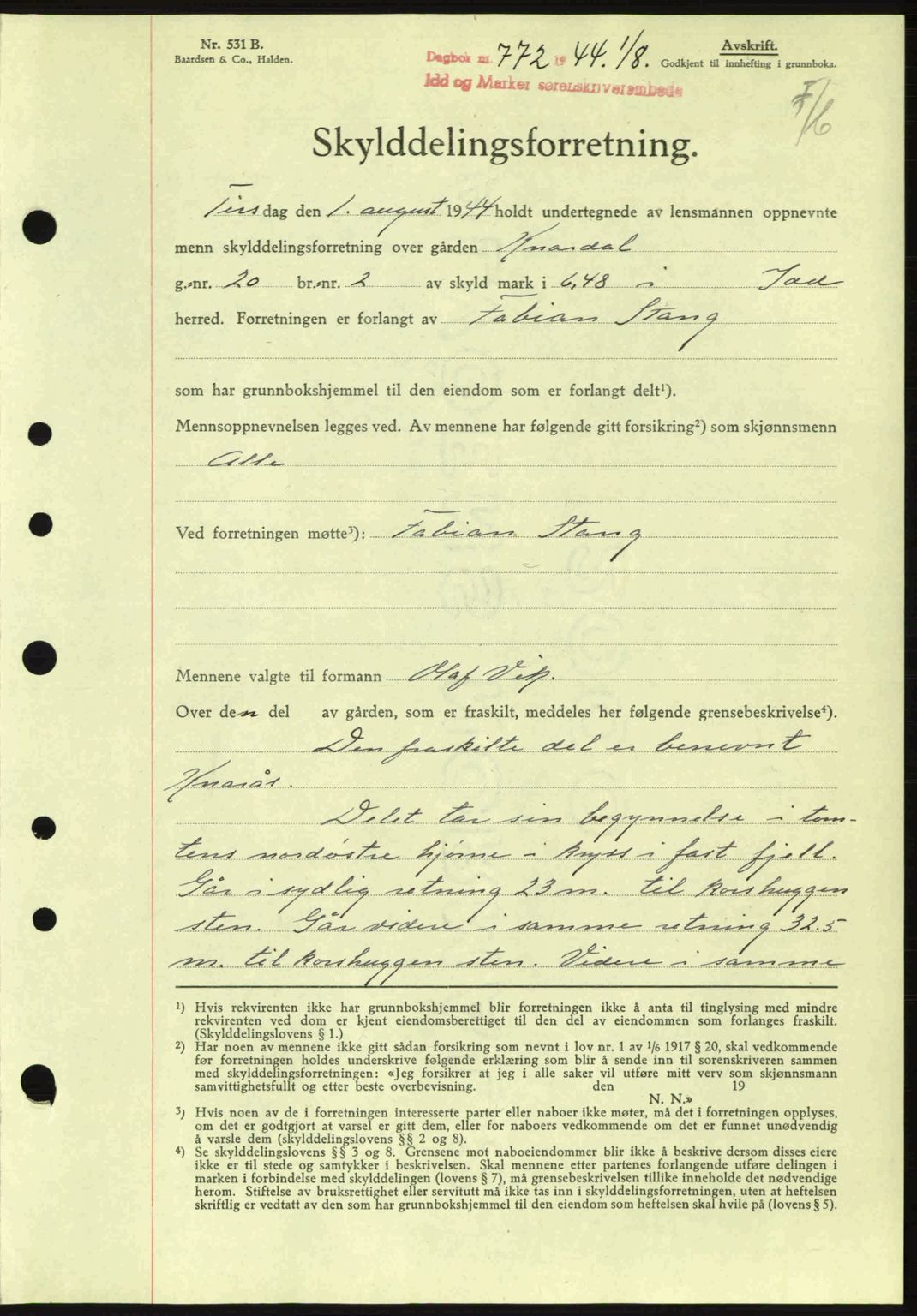 Idd og Marker sorenskriveri, AV/SAO-A-10283/G/Gb/Gbb/L0007: Mortgage book no. A7, 1944-1945, Diary no: : 772/1944