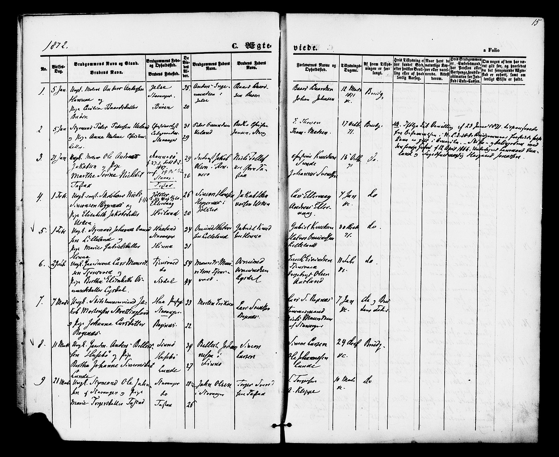 Hetland sokneprestkontor, AV/SAST-A-101826/30/30BA/L0005: Parish register (official) no. A 5, 1869-1884, p. 15