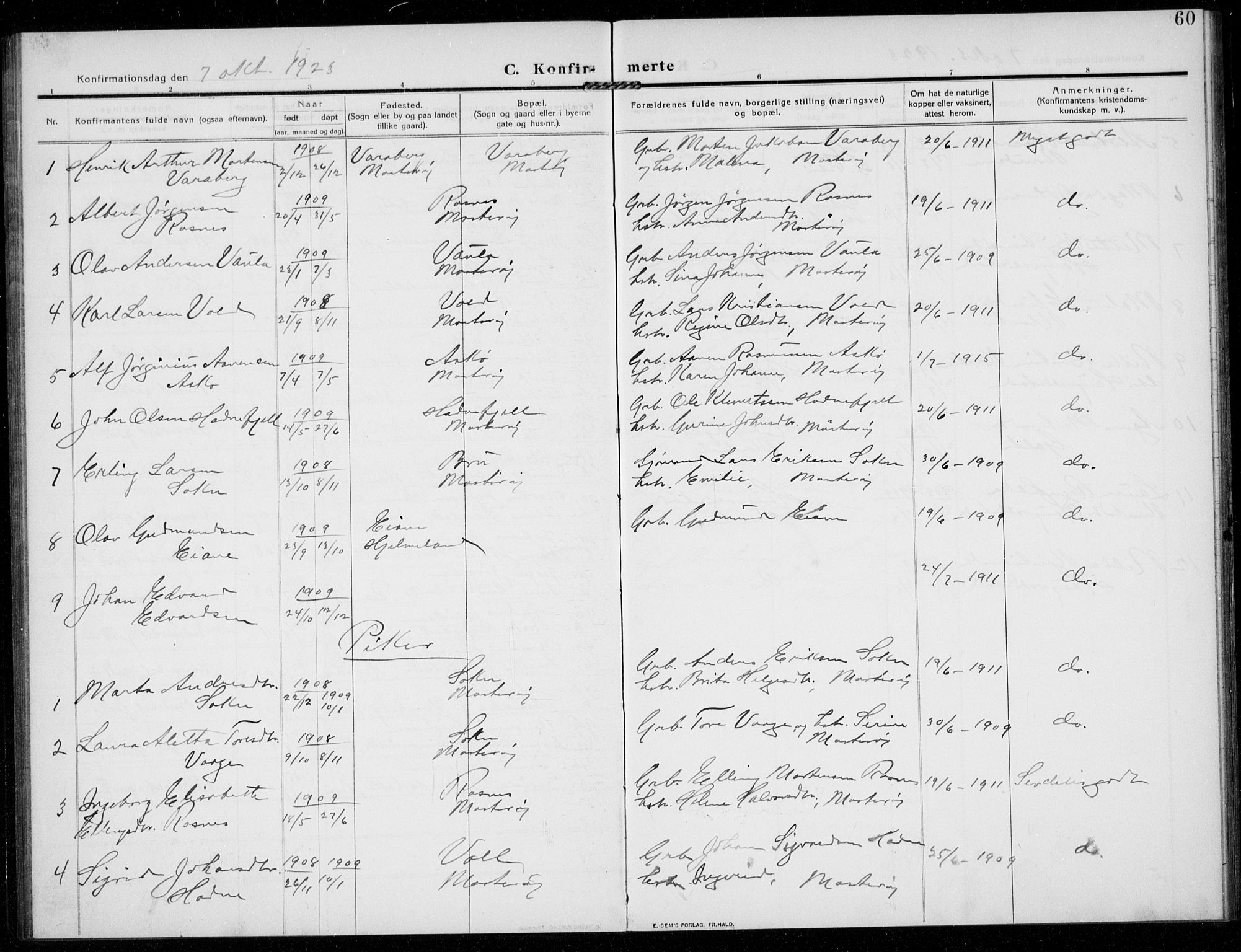 Rennesøy sokneprestkontor, AV/SAST-A -101827/H/Ha/Haa/L0017: Parish register (official) no. A 17, 1908-1926, p. 60