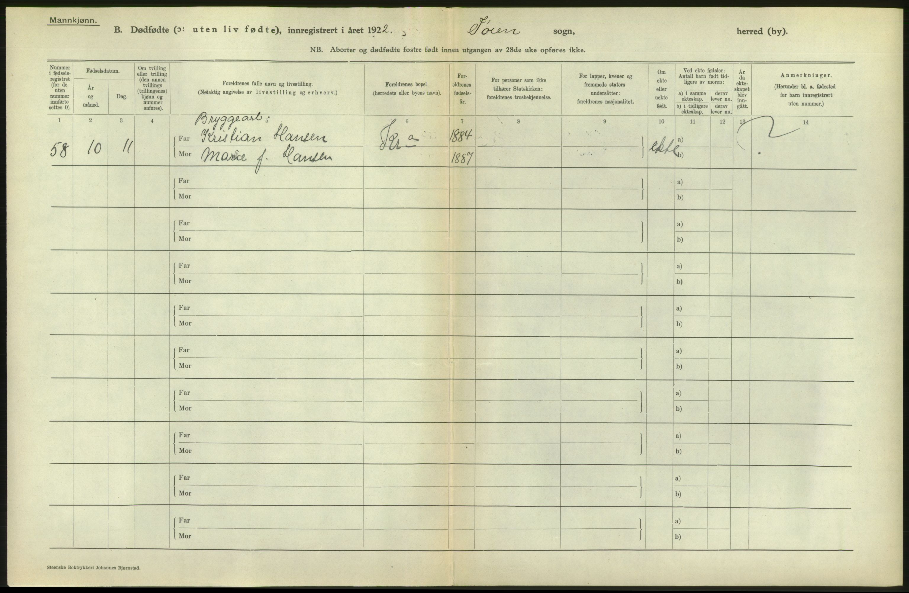 Statistisk sentralbyrå, Sosiodemografiske emner, Befolkning, RA/S-2228/D/Df/Dfc/Dfcb/L0010: Kristiania: Døde, dødfødte, 1922, p. 28