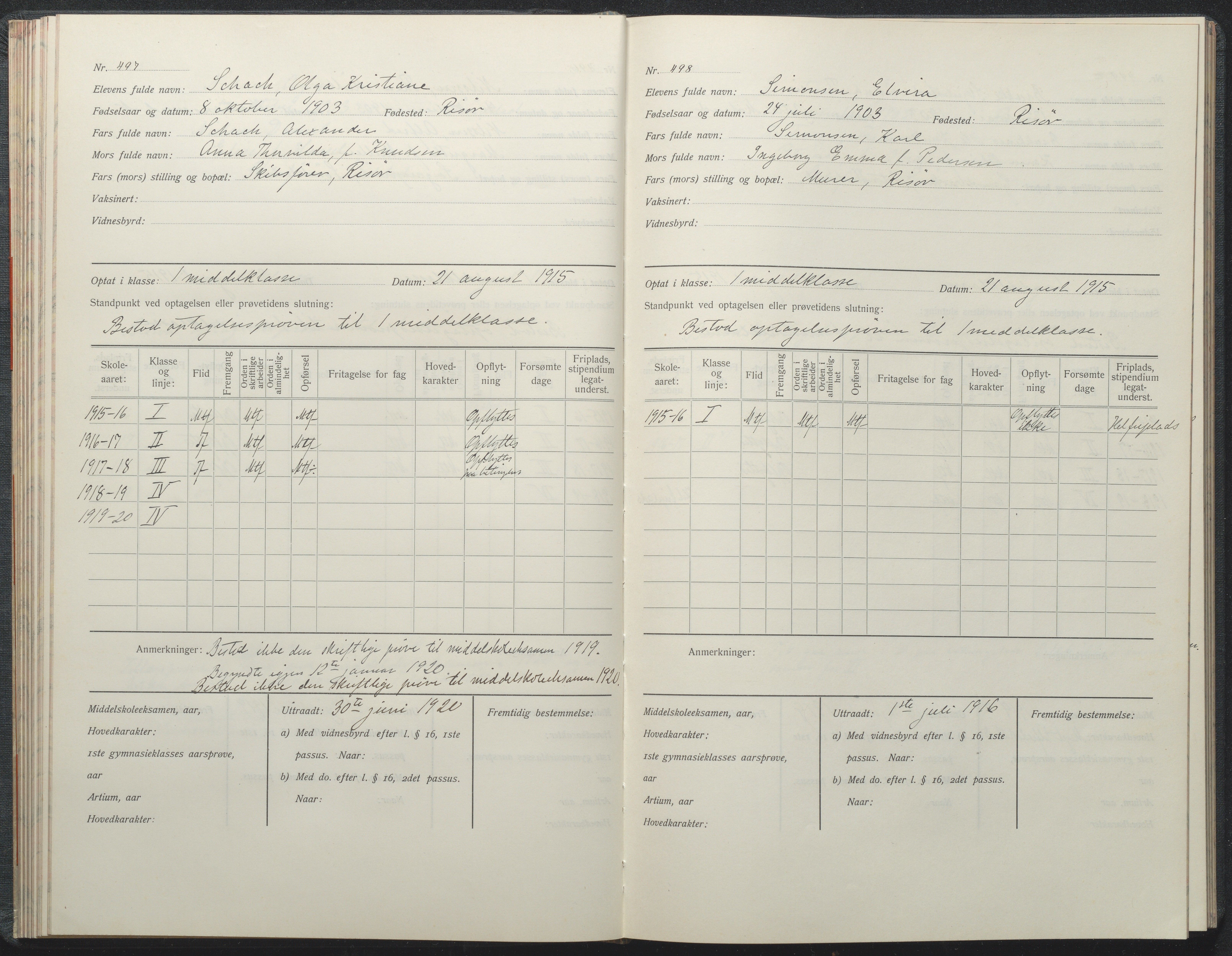 Risør kommune, AAKS/KA0901-PK/1/05/05i/L0002: Manntallsprotokoll, 1911-1925, p. 497-498