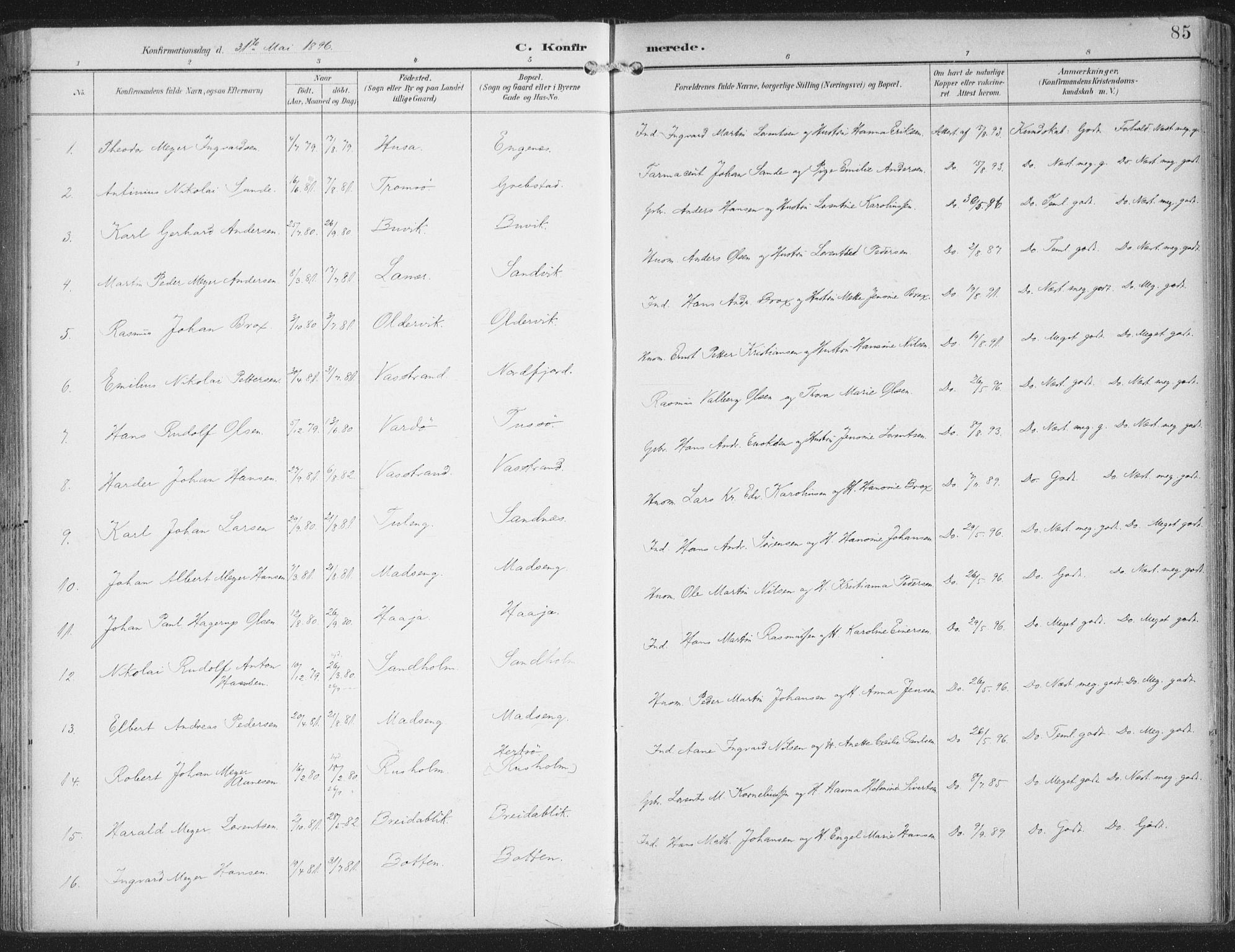 Lenvik sokneprestembete, SATØ/S-1310/H/Ha/Haa/L0015kirke: Parish register (official) no. 15, 1896-1915, p. 85