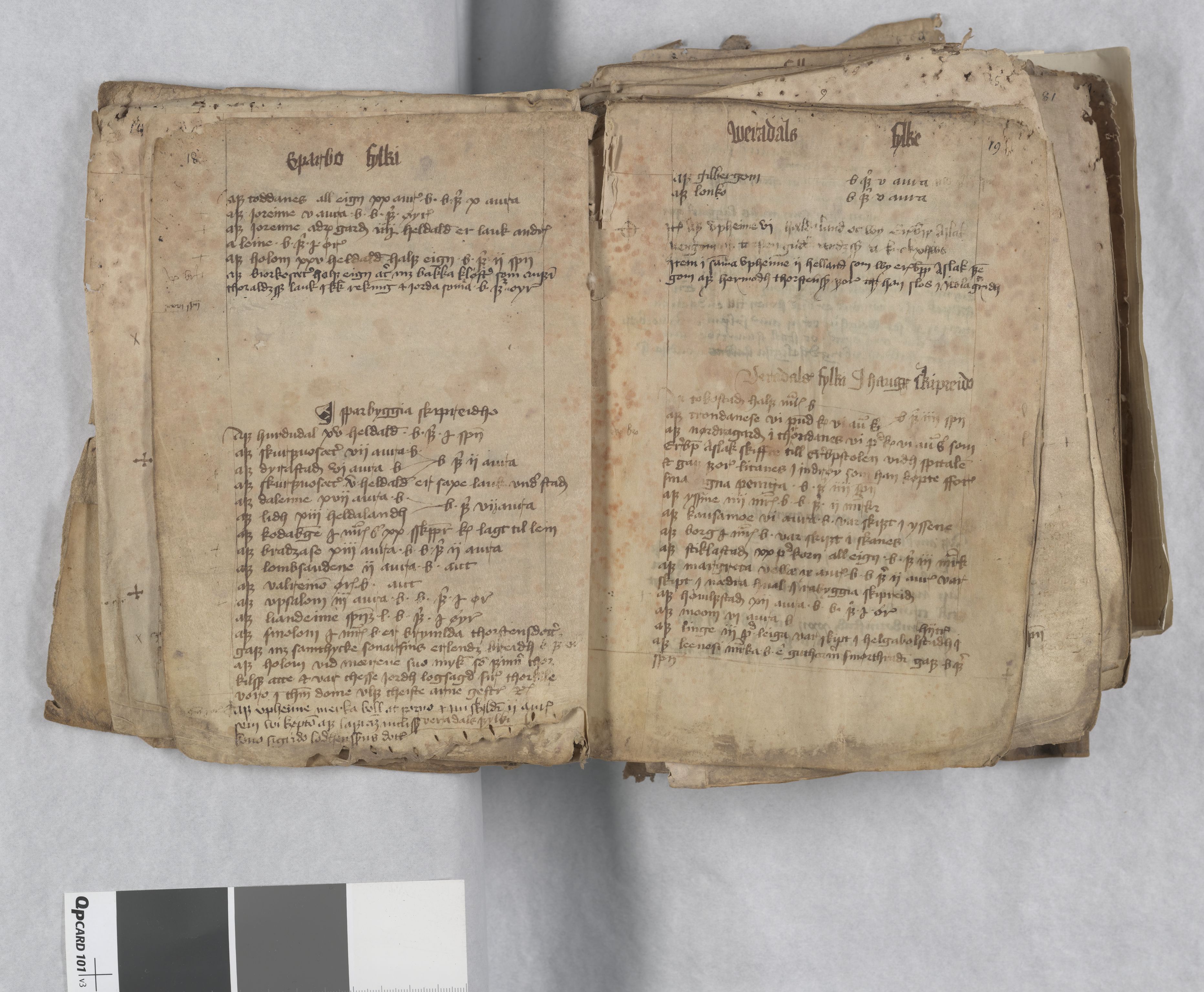 RA, The National Archives' diploma collection, The Munich Collection (paper), no. 13: Aslak Bolt's property register, 1430s, 1430-1439, p. 18-19
