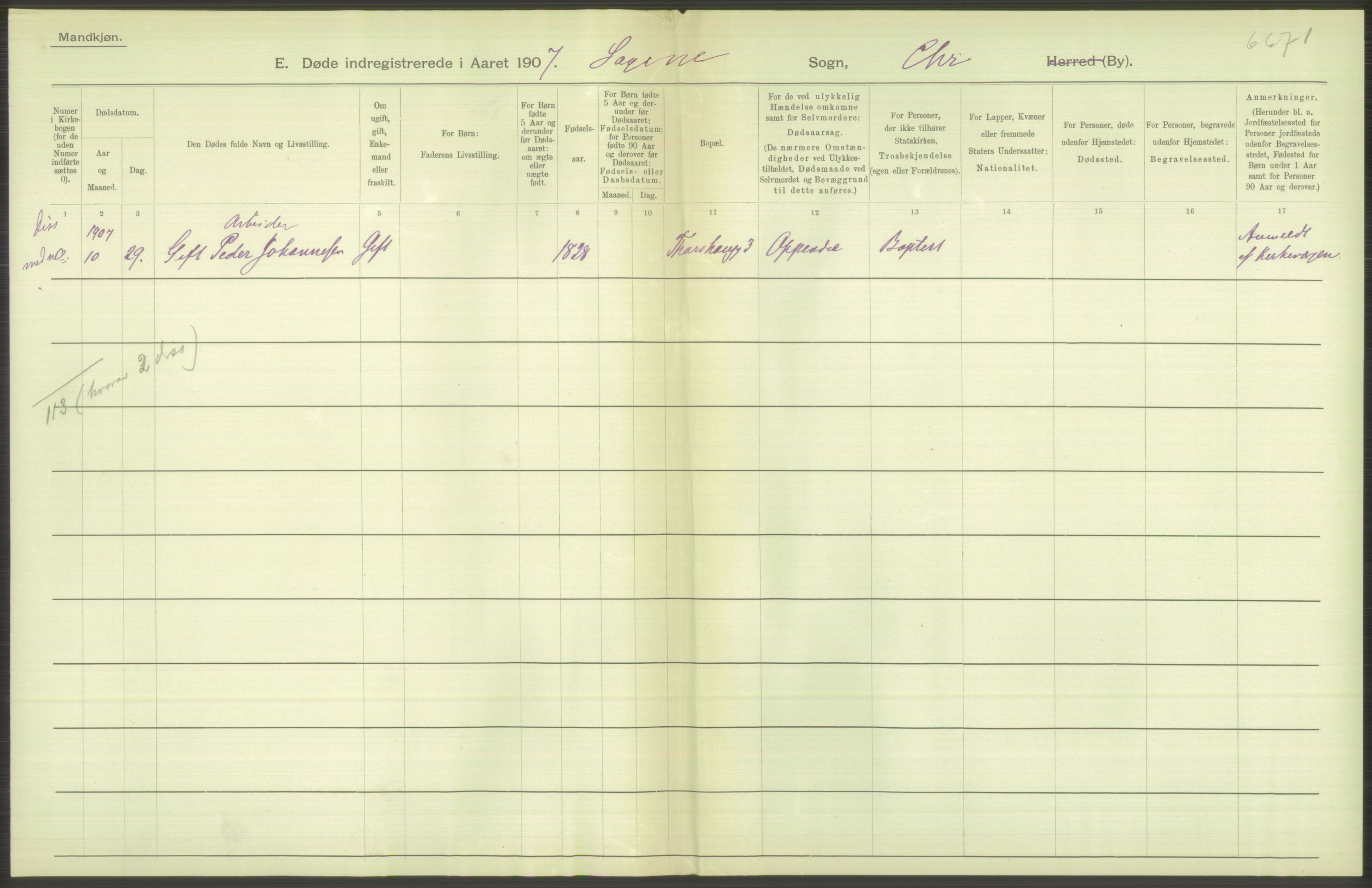 Statistisk sentralbyrå, Sosiodemografiske emner, Befolkning, RA/S-2228/D/Df/Dfa/Dfae/L0010: Kristiania: Døde, dødfødte, 1907, p. 214