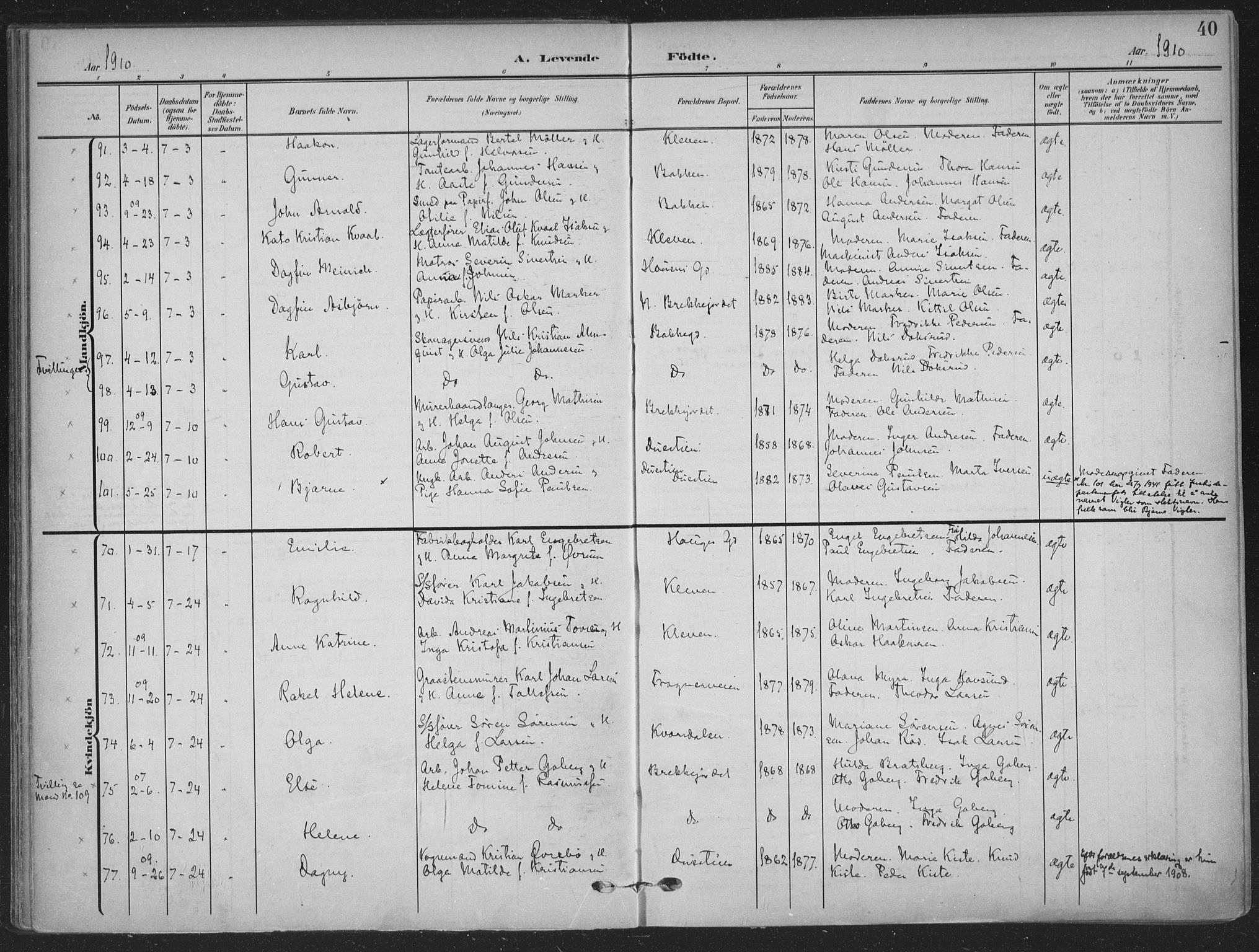 Skien kirkebøker, SAKO/A-302/F/Fa/L0012: Parish register (official) no. 12, 1908-1914, p. 40