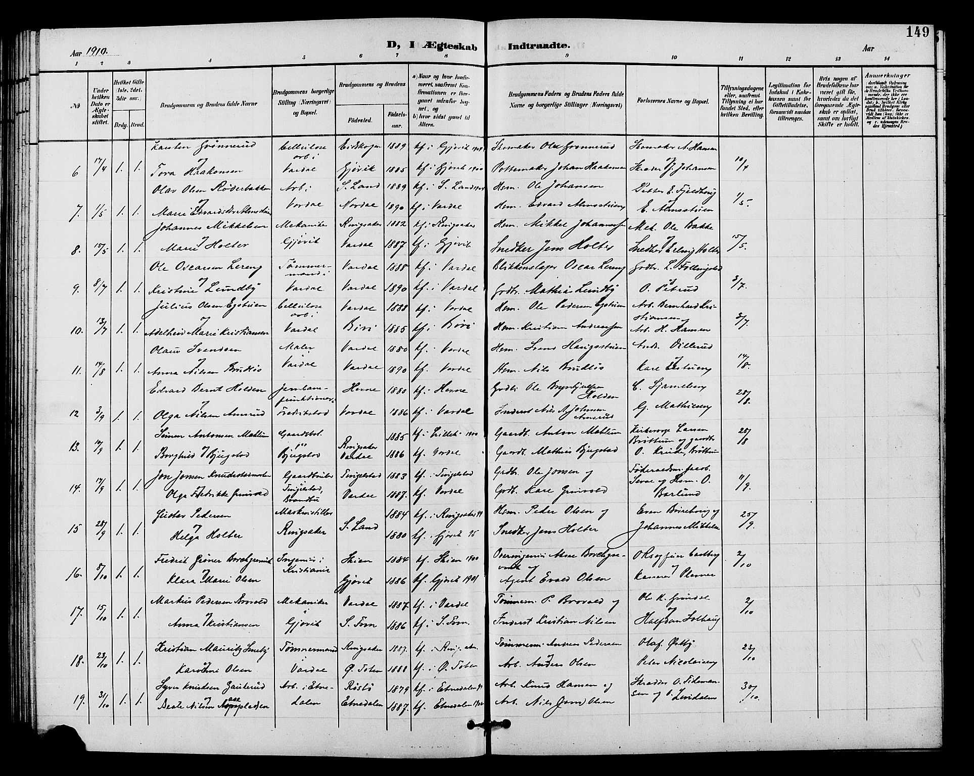 Vardal prestekontor, SAH/PREST-100/H/Ha/Hab/L0011: Parish register (copy) no. 11, 1899-1913, p. 149