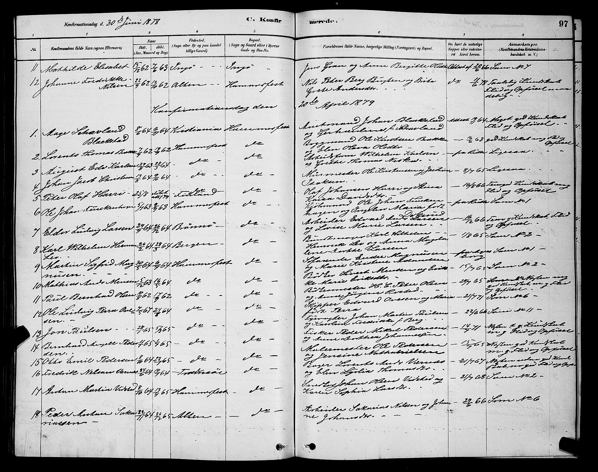 Hammerfest sokneprestkontor, SATØ/S-1347/H/Hb/L0006.klokk: Parish register (copy) no. 6, 1876-1884, p. 97