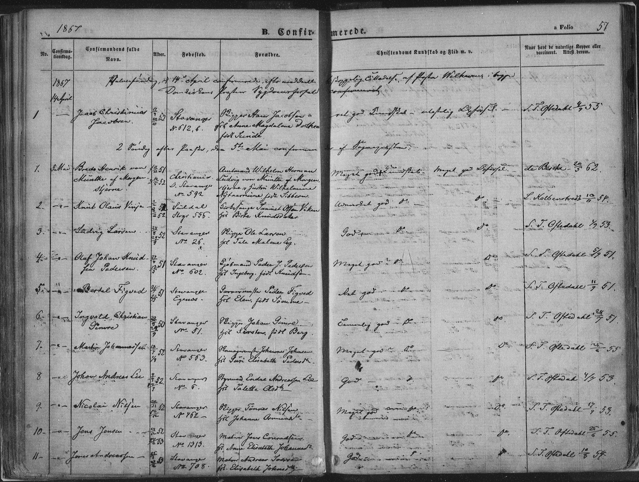 Domkirken sokneprestkontor, SAST/A-101812/001/30/30BA/L0018: Parish register (official) no. A 17, 1857-1877, p. 57