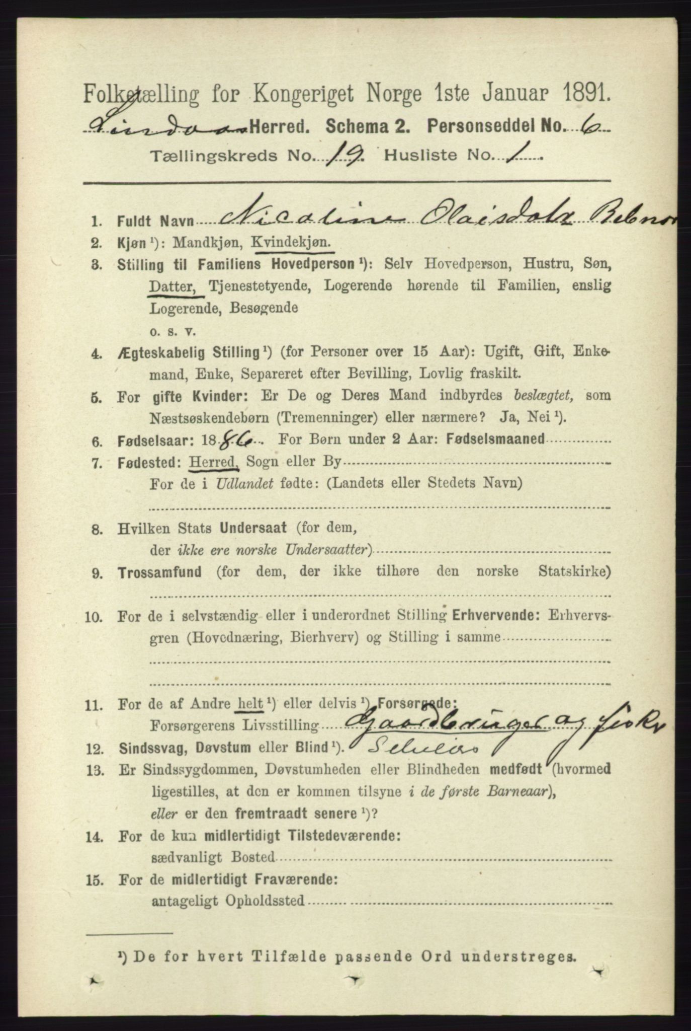 RA, 1891 census for 1263 Lindås, 1891, p. 6936