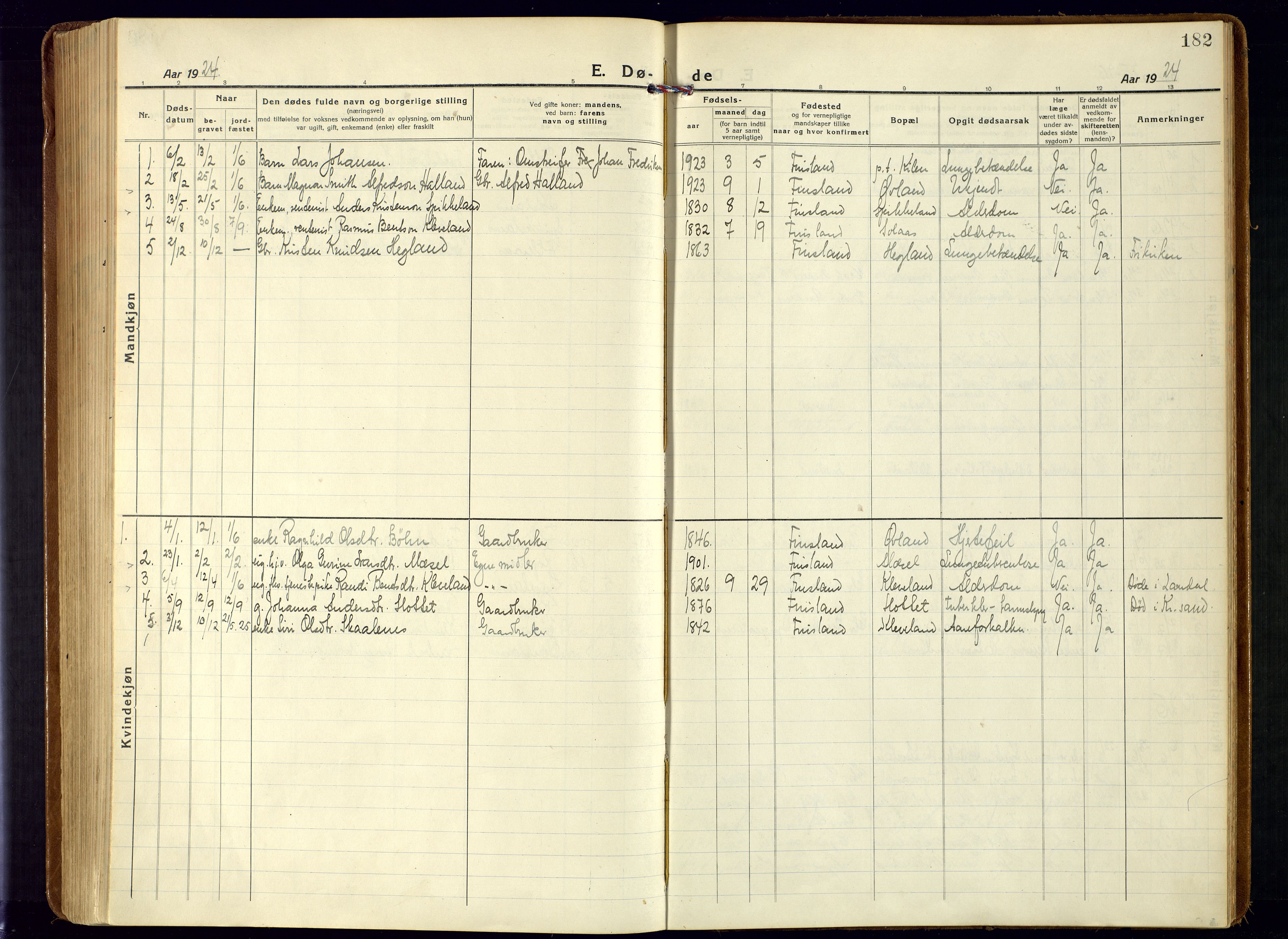 Bjelland sokneprestkontor, SAK/1111-0005/F/Fa/Fab/L0005: Parish register (official) no. A 5, 1921-1951, p. 182