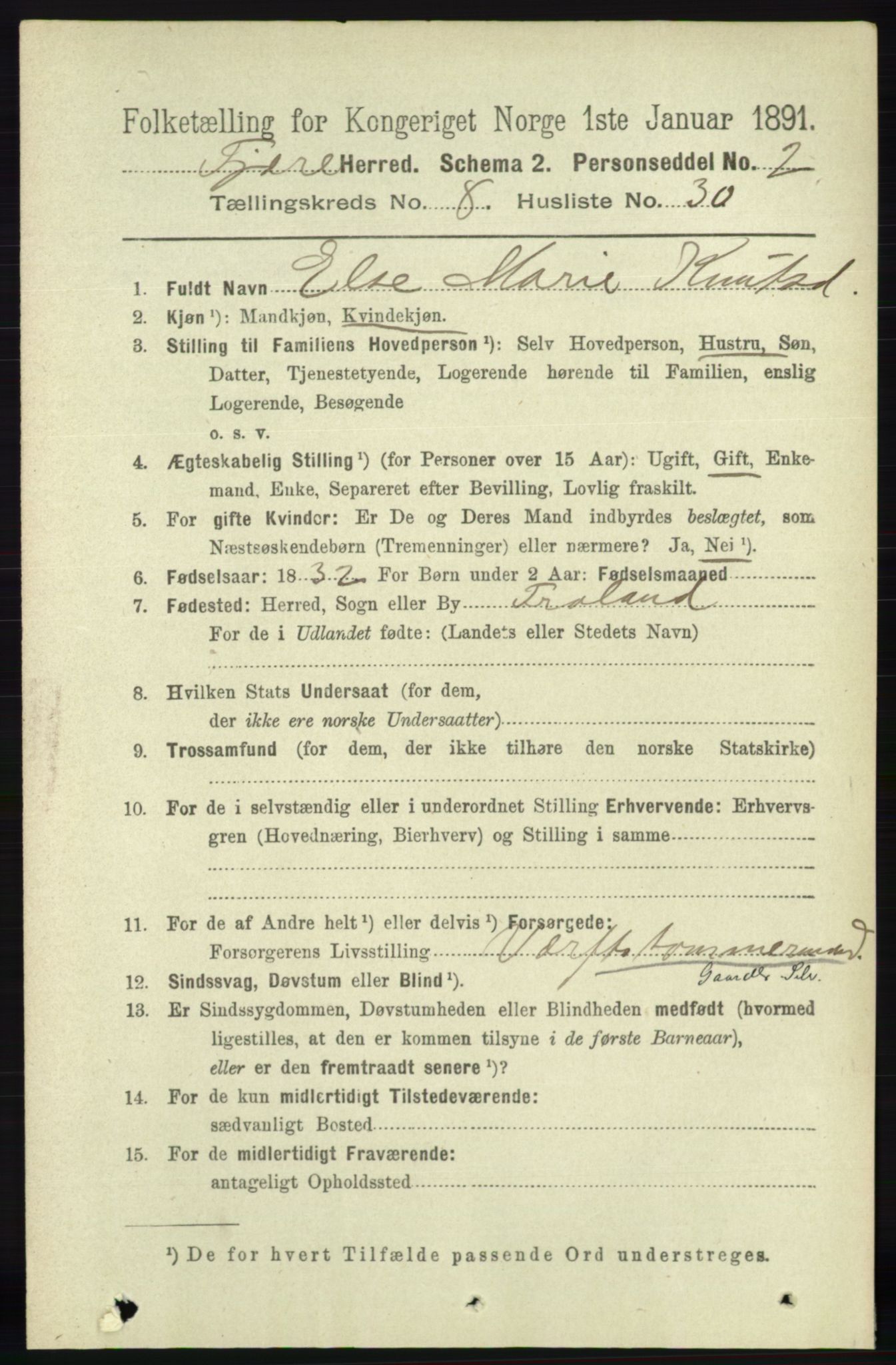 RA, 1891 census for 0923 Fjære, 1891, p. 3904