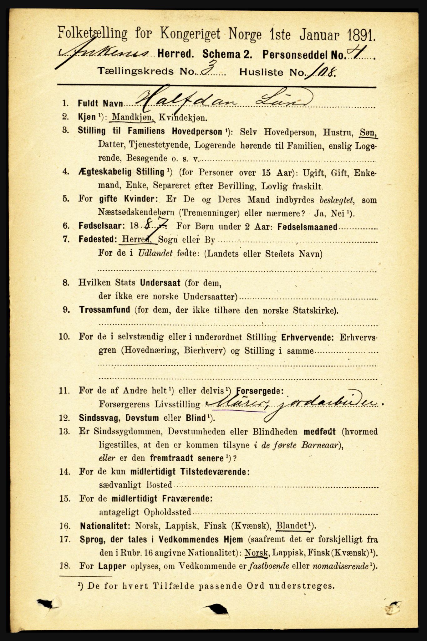 RA, 1891 census for 1855 Ankenes, 1891, p. 2205