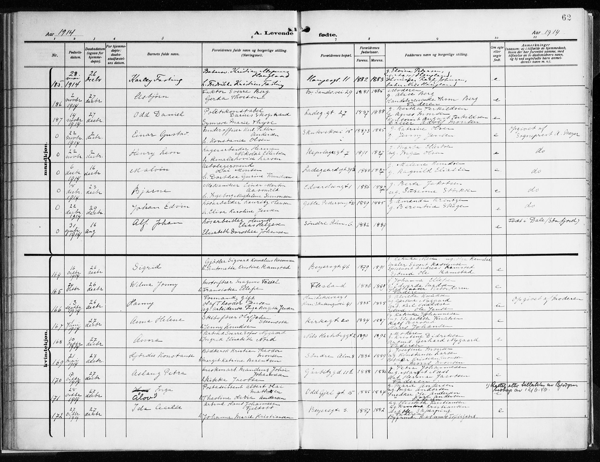 Sandviken Sokneprestembete, AV/SAB-A-77601/H/Ha/L0007: Parish register (official) no. B 4, 1912-1924, p. 62