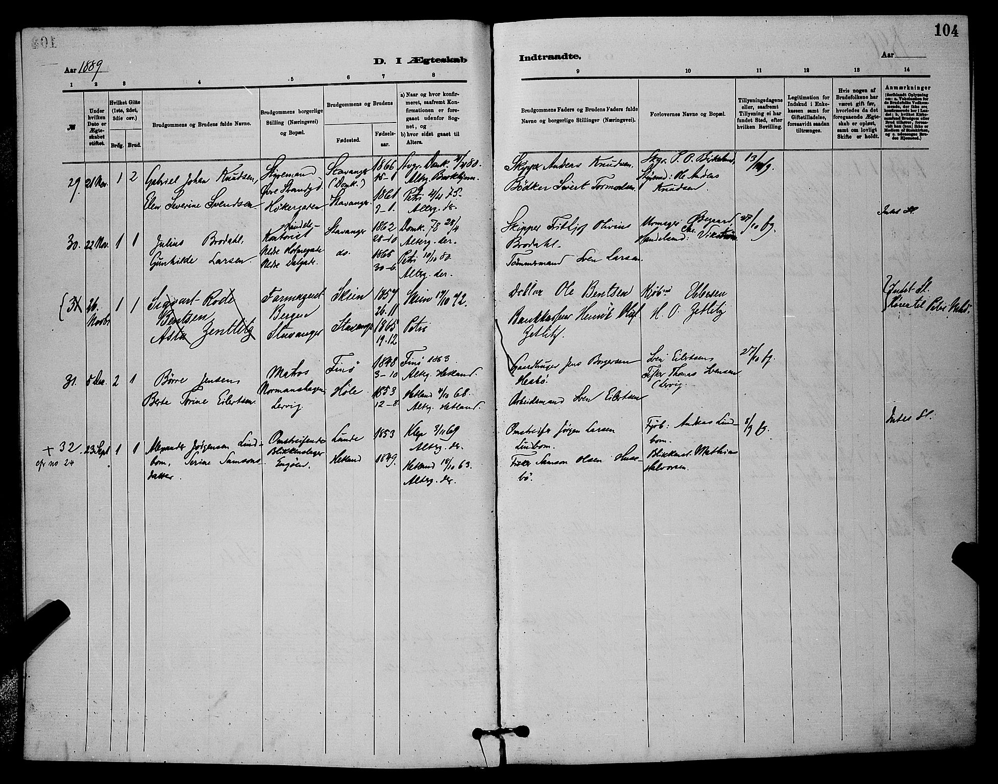 St. Johannes sokneprestkontor, SAST/A-101814/001/30/30BB/L0001: Parish register (copy) no. B 1, 1885-1897, p. 104