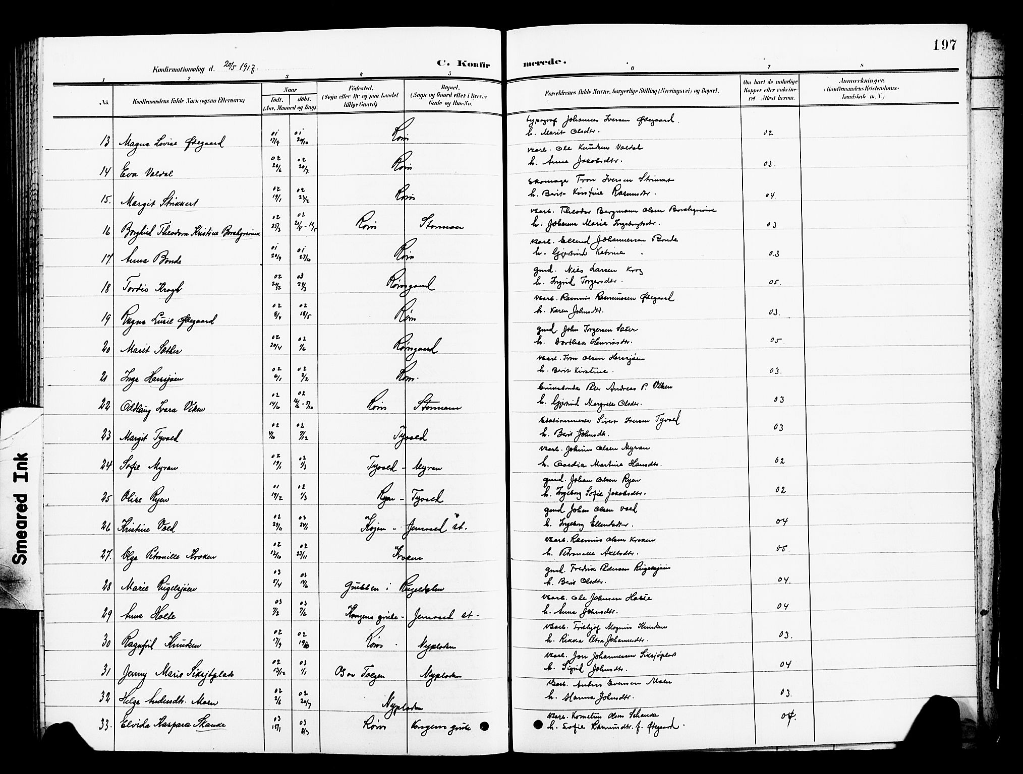 Ministerialprotokoller, klokkerbøker og fødselsregistre - Sør-Trøndelag, SAT/A-1456/681/L0942: Parish register (copy) no. 681C06, 1906-1925, p. 197