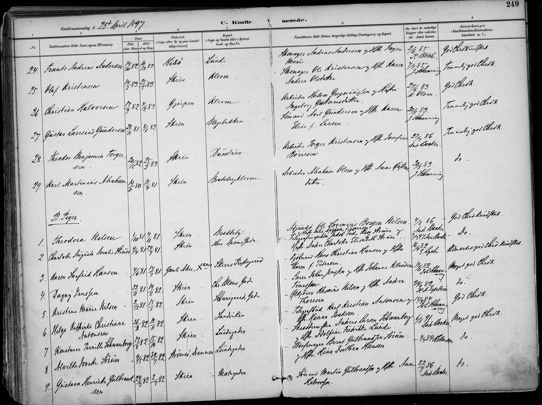 Skien kirkebøker, SAKO/A-302/F/Fa/L0010: Parish register (official) no. 10, 1891-1899, p. 249