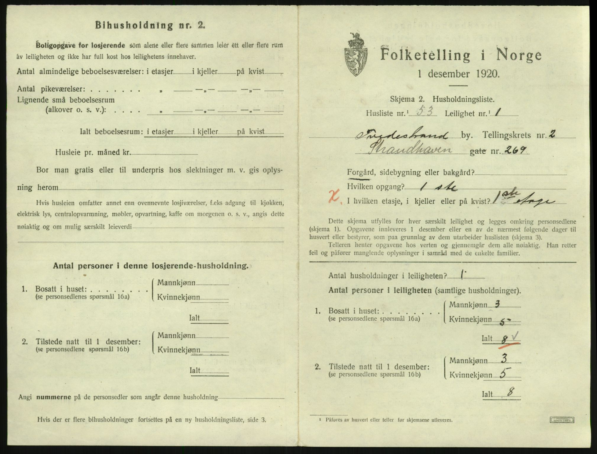 SAK, 1920 census for Tvedestrand, 1920, p. 1083