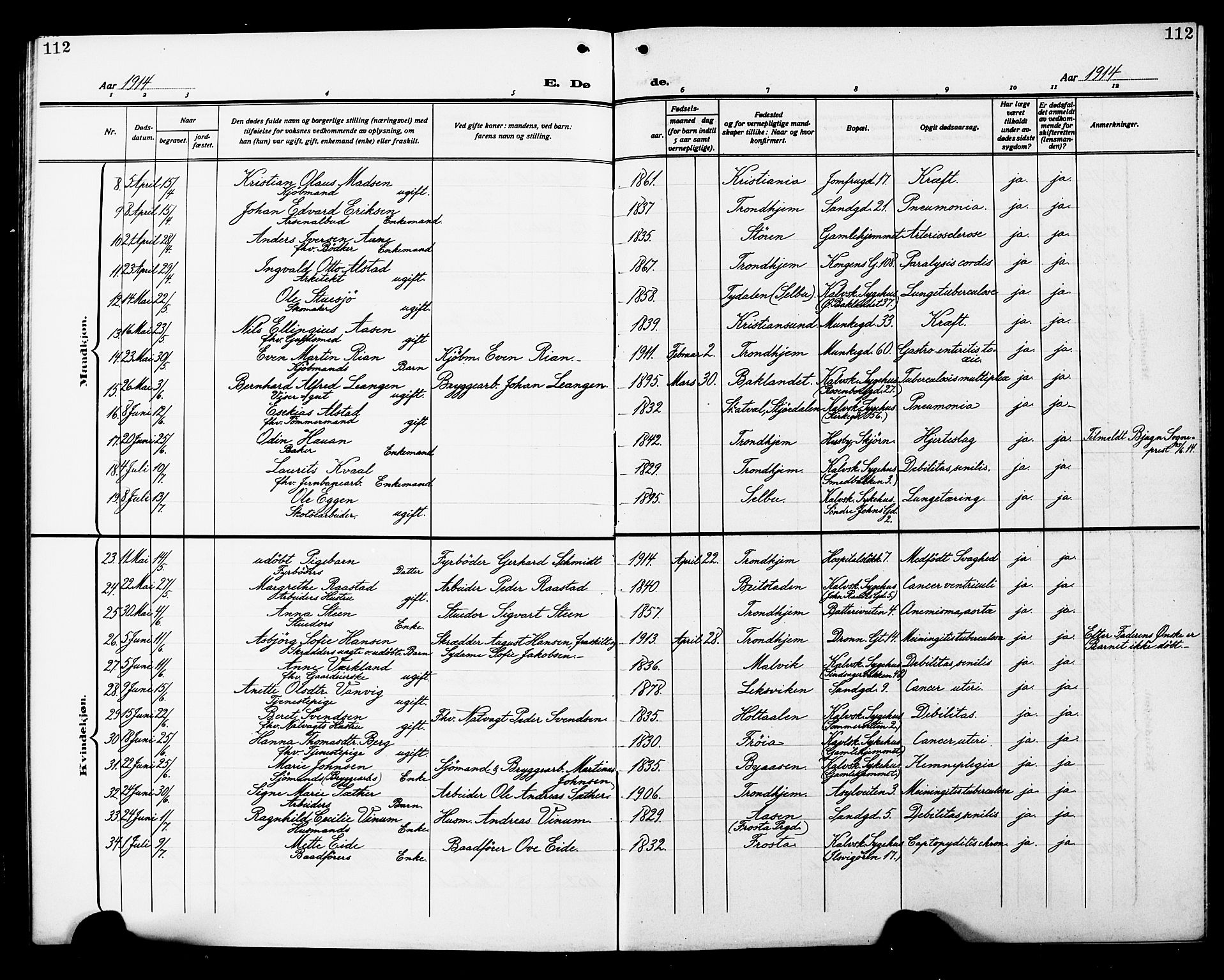 Ministerialprotokoller, klokkerbøker og fødselsregistre - Sør-Trøndelag, AV/SAT-A-1456/602/L0147: Parish register (copy) no. 602C15, 1911-1924, p. 112