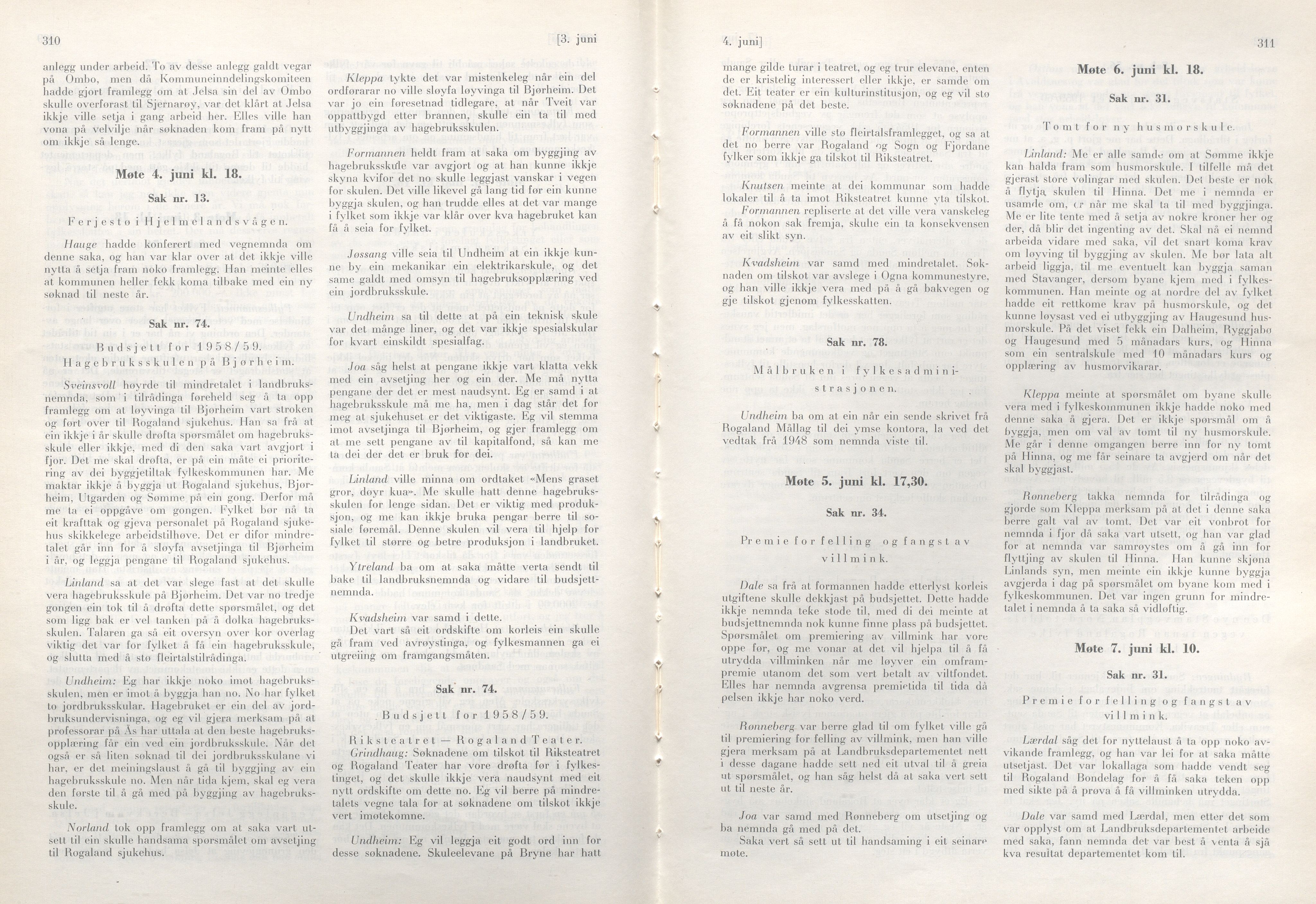 Rogaland fylkeskommune - Fylkesrådmannen , IKAR/A-900/A/Aa/Aaa/L0077: Møtebok , 1958, p. 310-311