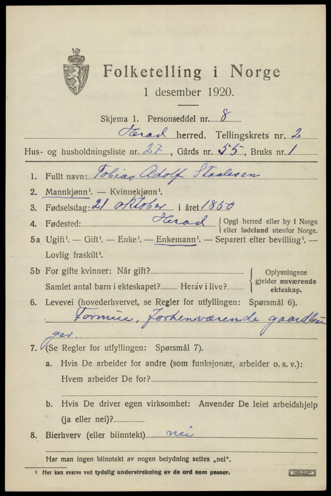 SAK, 1920 census for Herad, 1920, p. 1322