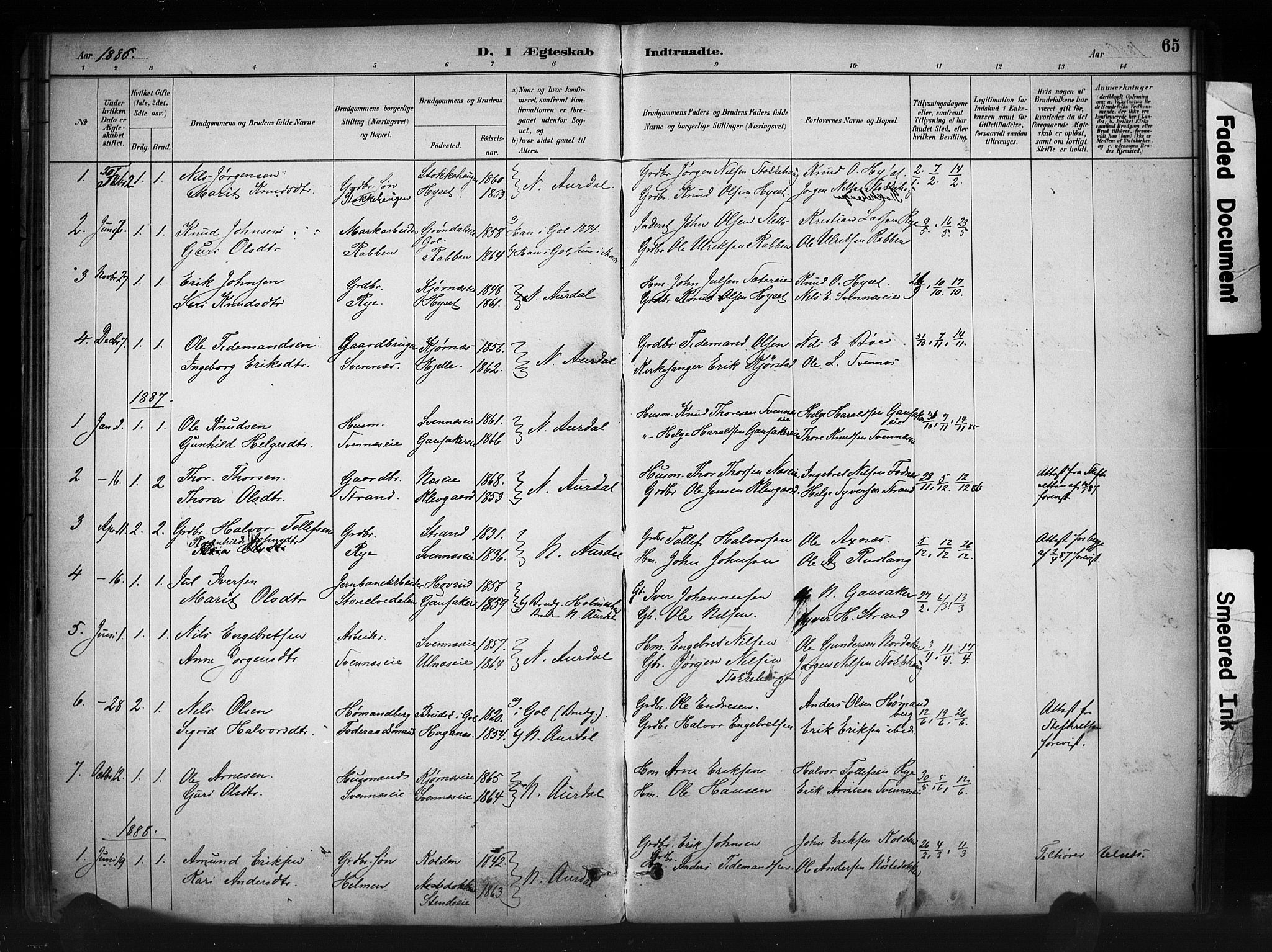 Nord-Aurdal prestekontor, SAH/PREST-132/H/Ha/Haa/L0010: Parish register (official) no. 10, 1883-1896, p. 65