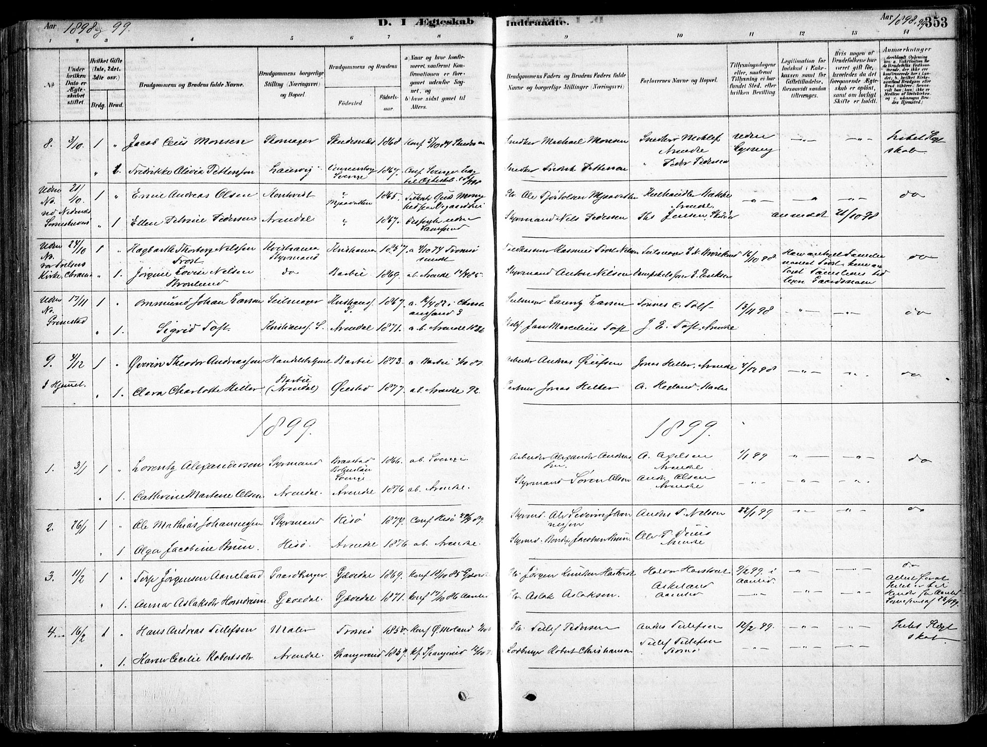 Arendal sokneprestkontor, Trefoldighet, SAK/1111-0040/F/Fa/L0008: Parish register (official) no. A 8, 1878-1899, p. 353