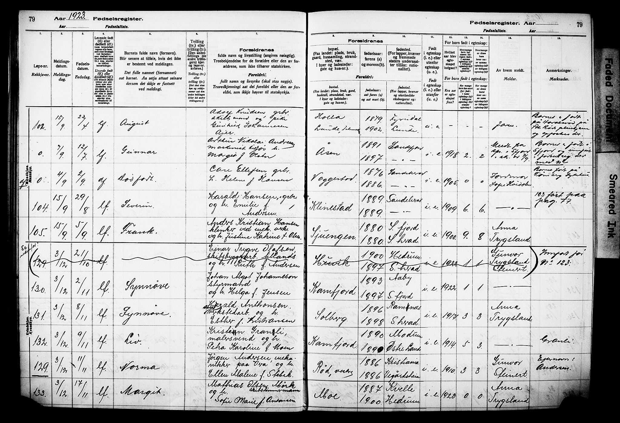 Sandar kirkebøker, AV/SAKO-A-243/J/Ja/L0002: Birth register no. 2, 1922-1929, p. 79