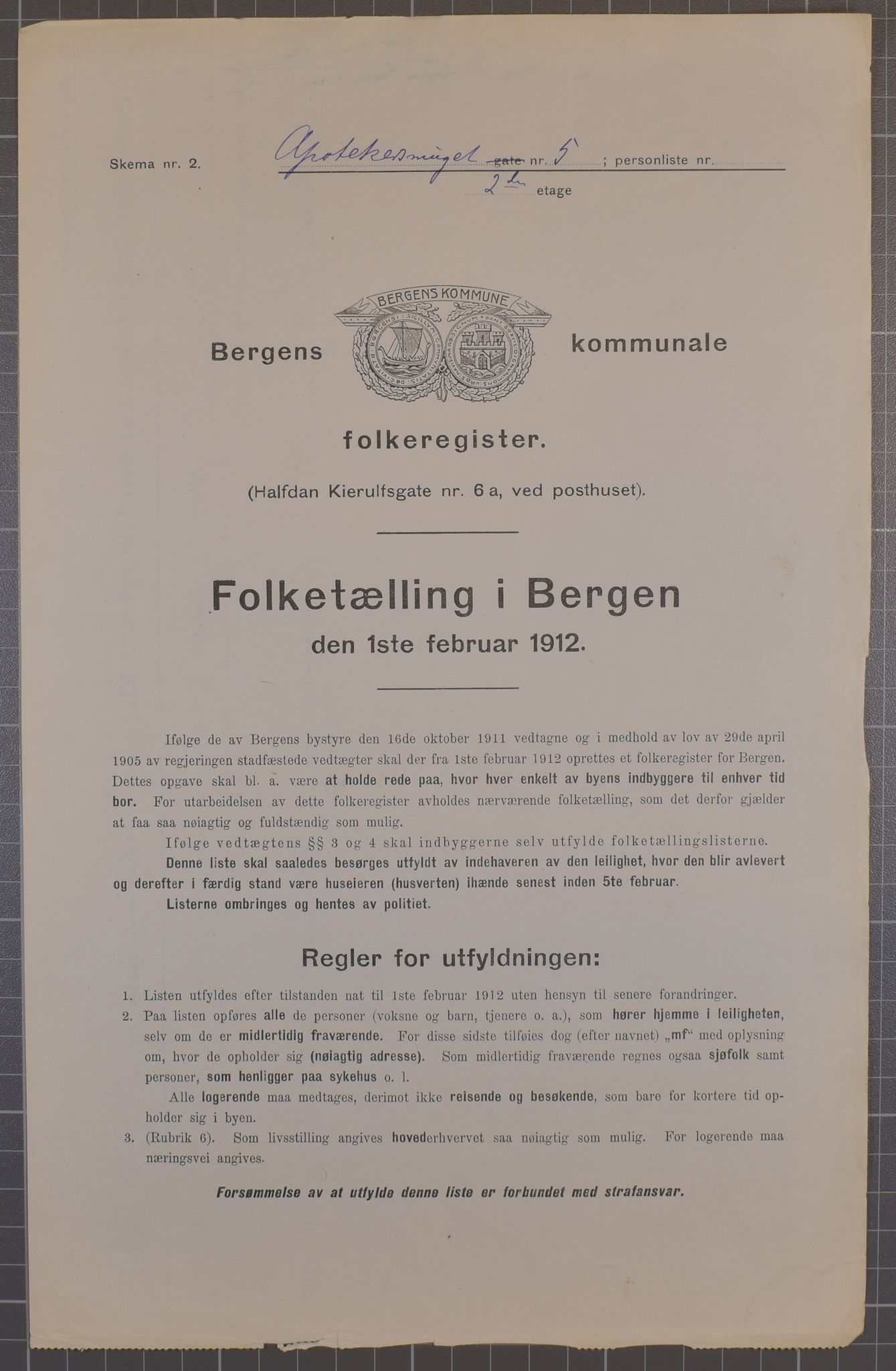 SAB, Municipal Census 1912 for Bergen, 1912, p. 1486