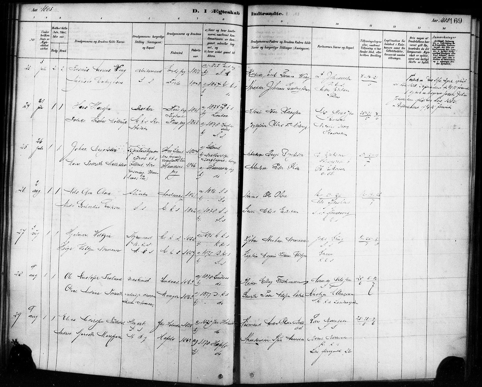 Sandviken Sokneprestembete, AV/SAB-A-77601/H/Ha/L0002: Parish register (official) no. A 2, 1878-1896, p. 169