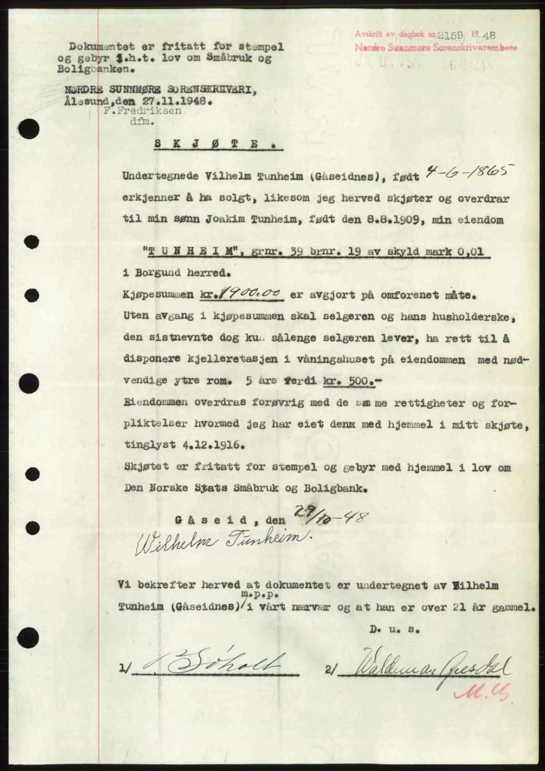 Nordre Sunnmøre sorenskriveri, AV/SAT-A-0006/1/2/2C/2Ca: Mortgage book no. A29, 1948-1949, Diary no: : 2159/1948