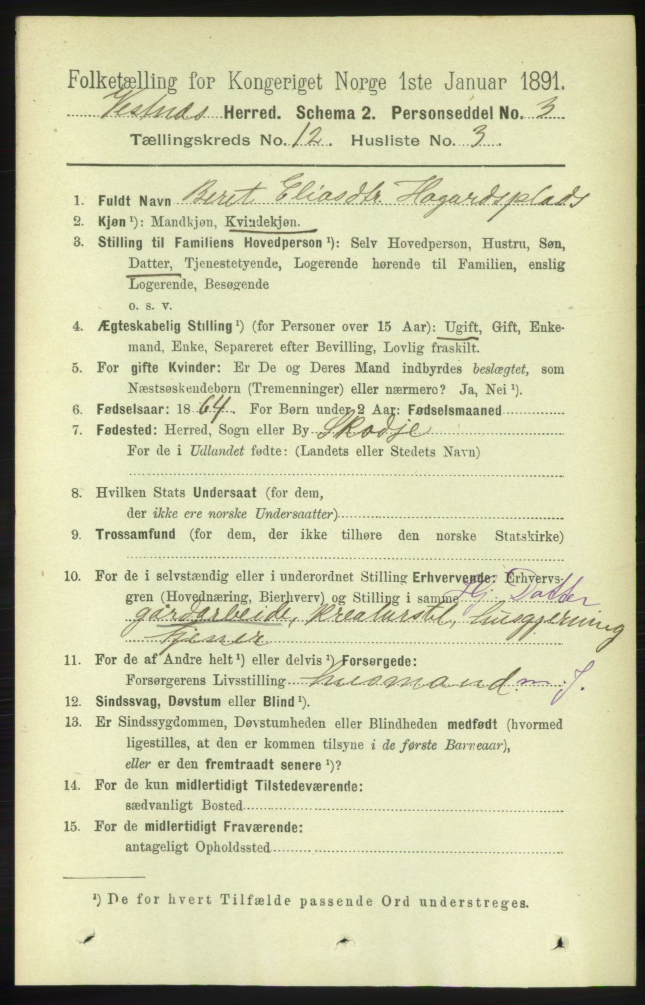 RA, 1891 census for 1535 Vestnes, 1891, p. 4430