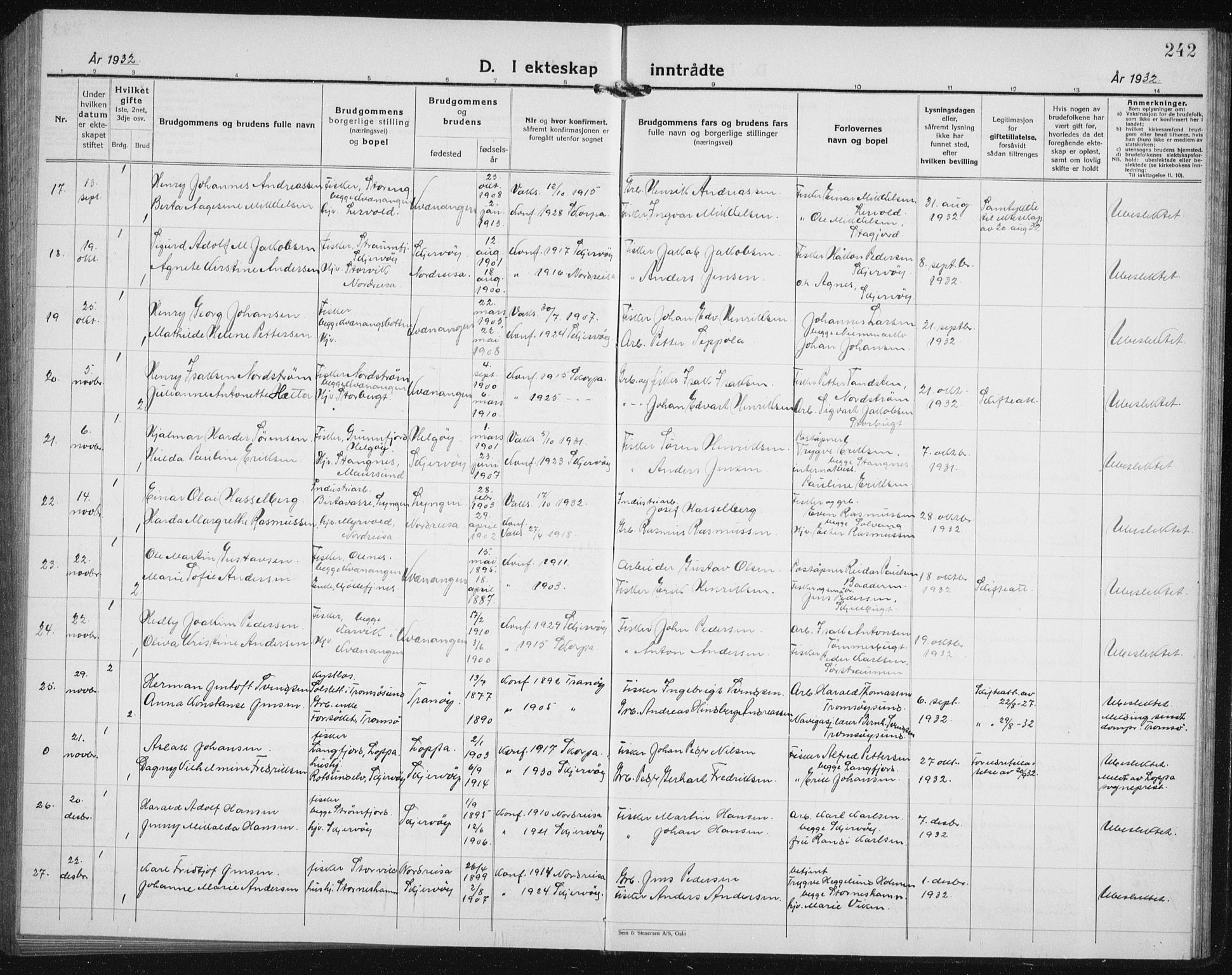 Skjervøy sokneprestkontor, AV/SATØ-S-1300/H/Ha/Hab/L0010klokker: Parish register (copy) no. 10, 1927-1941, p. 242