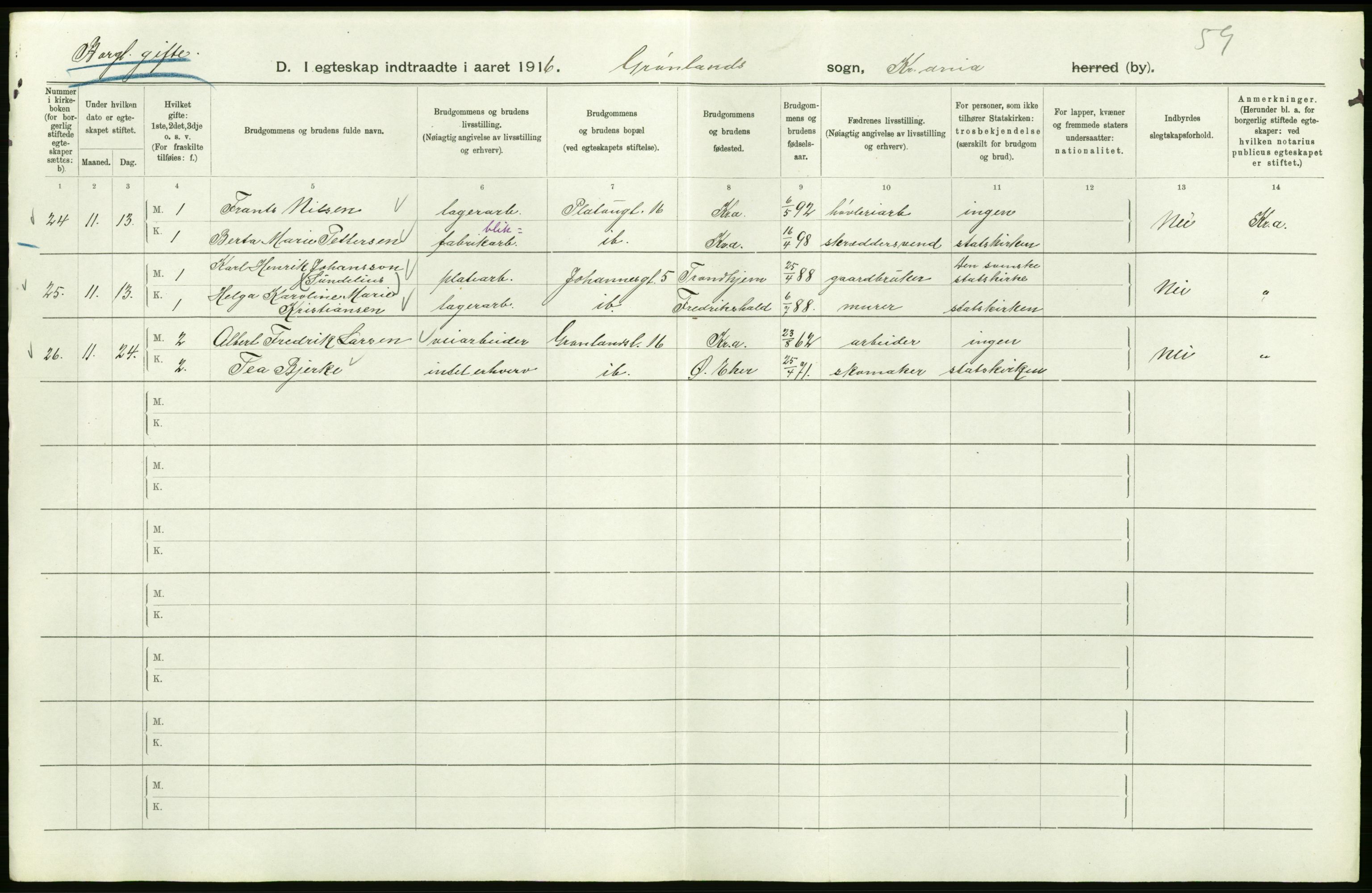 Statistisk sentralbyrå, Sosiodemografiske emner, Befolkning, RA/S-2228/D/Df/Dfb/Dfbf/L0008: Kristiania: Gifte, 1916, p. 606