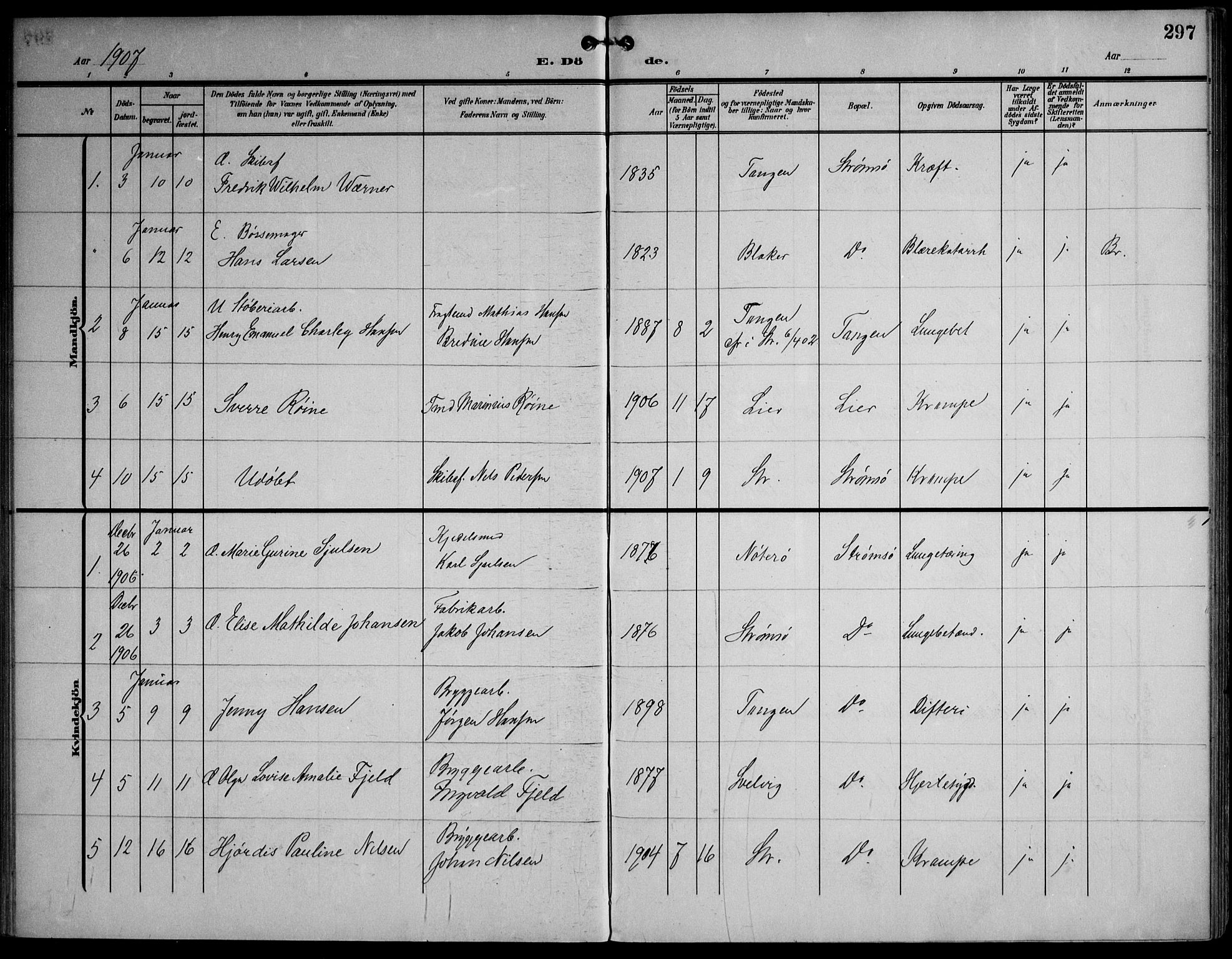 Strømsø kirkebøker, SAKO/A-246/F/Fa/L0026: Parish register (official) no. I 26, 1905-1914, p. 297