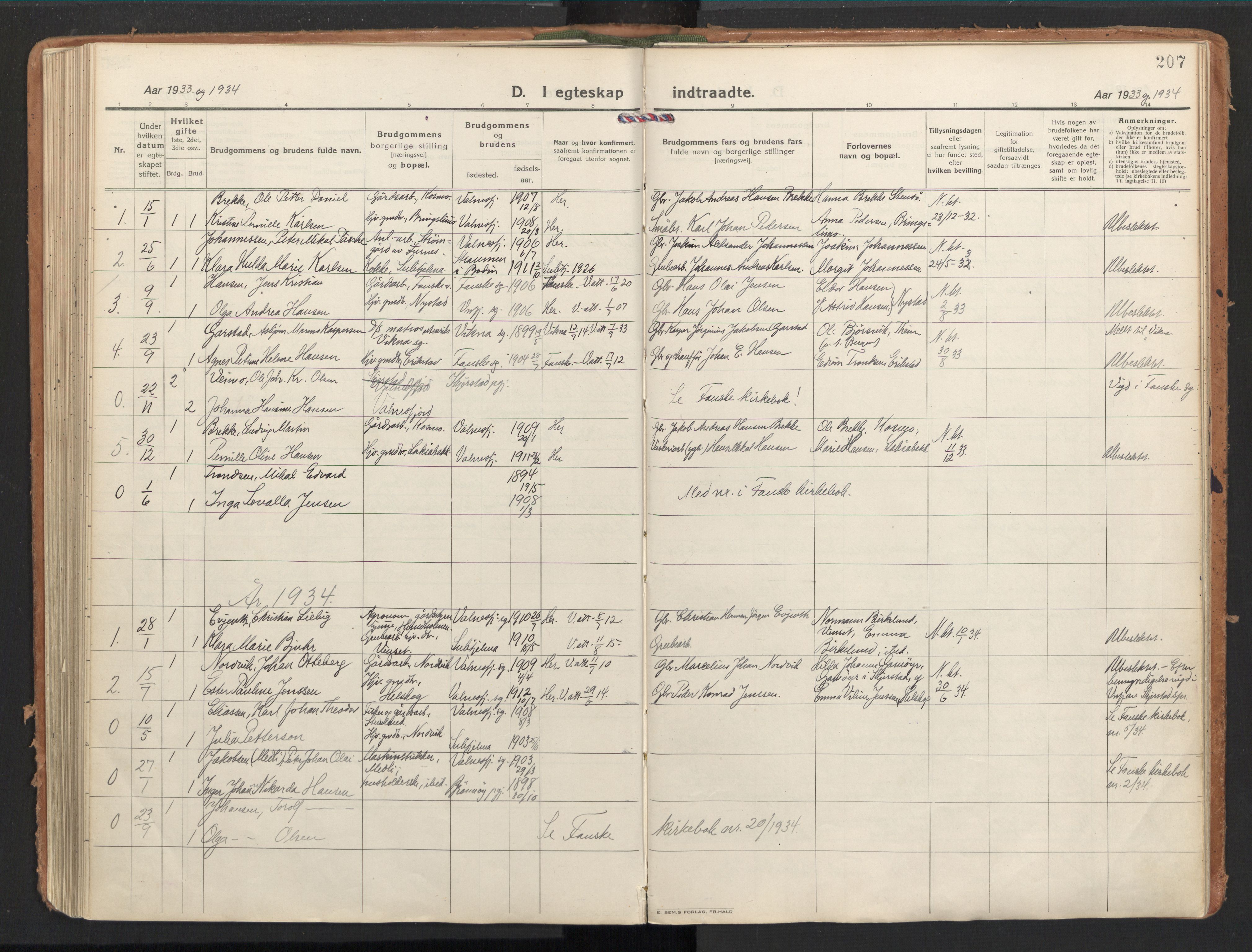 Ministerialprotokoller, klokkerbøker og fødselsregistre - Nordland, AV/SAT-A-1459/851/L0725: Parish register (official) no. 851A02, 1922-1944, p. 207