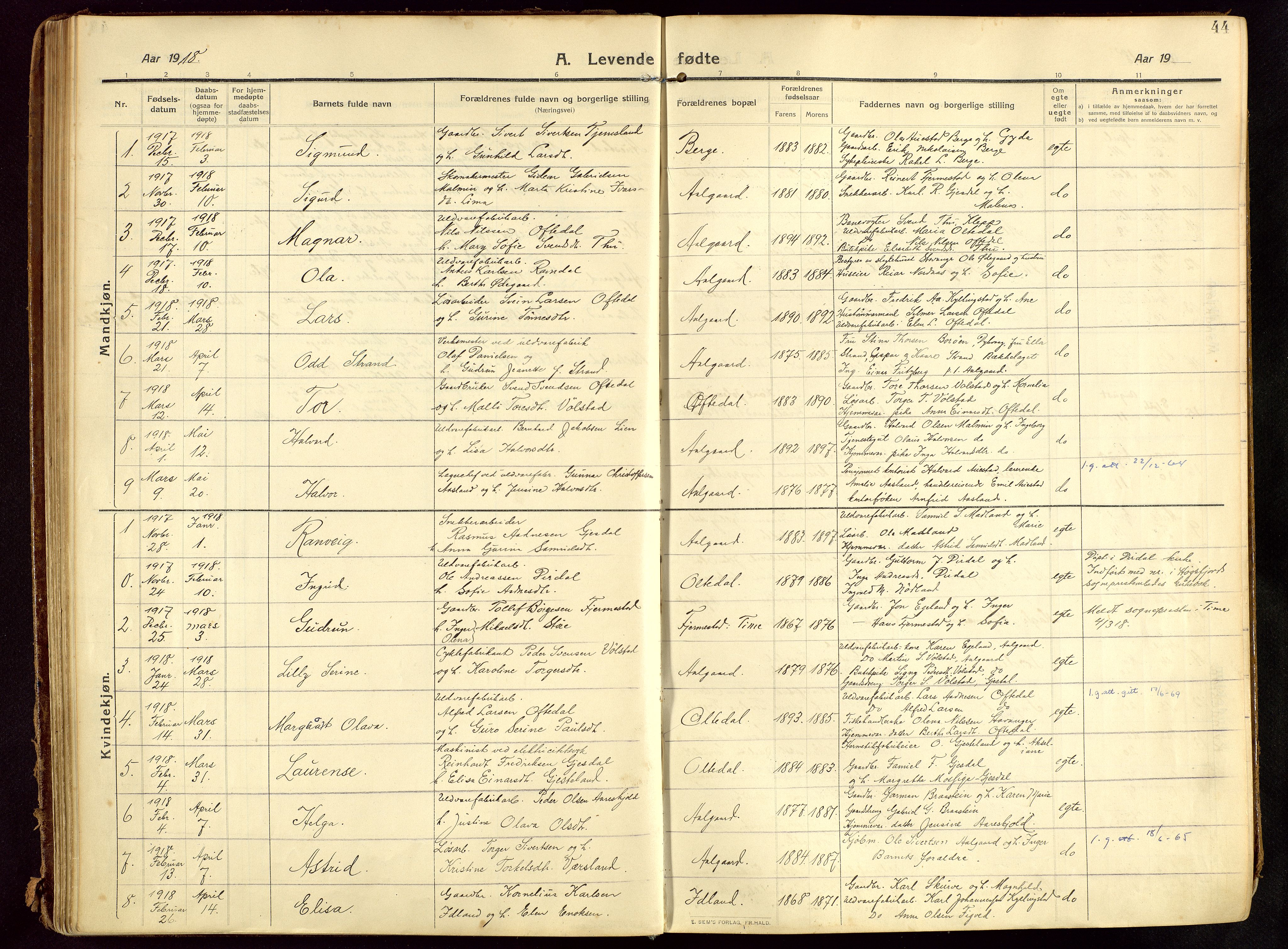 Lye sokneprestkontor, SAST/A-101794/002/B/L0001: Parish register (official) no. A 13, 1910-1925, p. 44