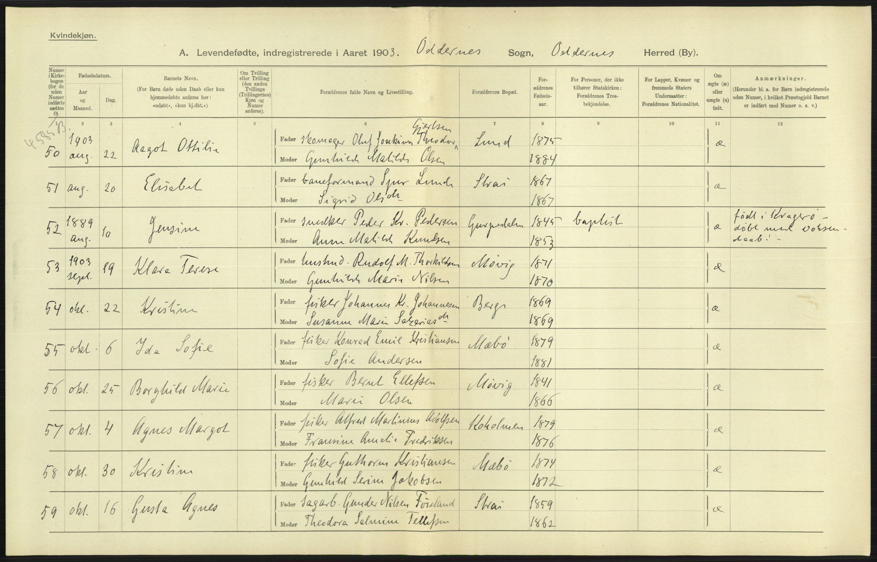 Statistisk sentralbyrå, Sosiodemografiske emner, Befolkning, AV/RA-S-2228/D/Df/Dfa/Dfaa/L0011: Lister og Mandal amt: Fødte, gifte, døde, 1903, p. 183